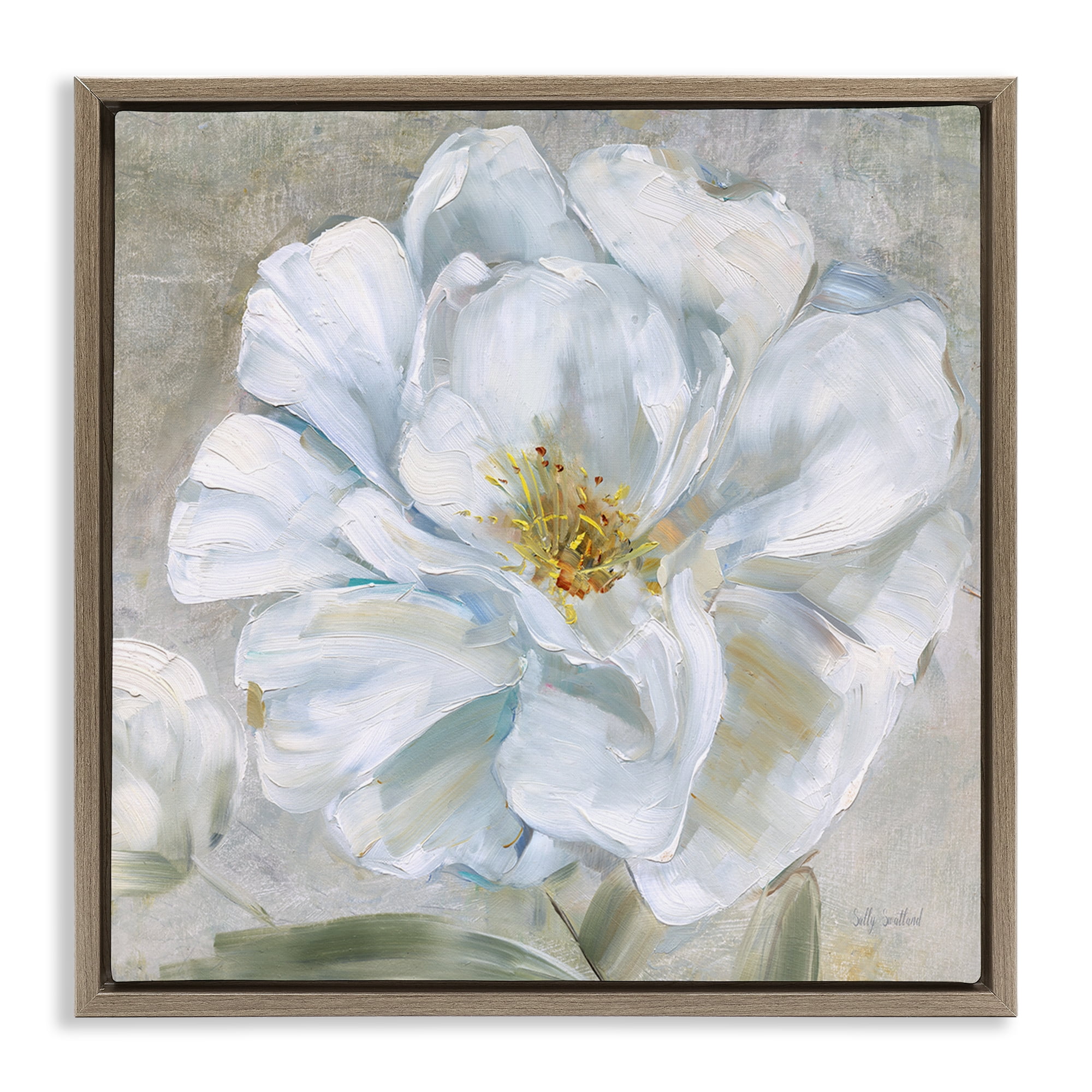 Stupell Industries Close Up White Bloom Plants & Flowers Painting Brown Floater Framed Canvas Art Print Wall Art, 18 x 18