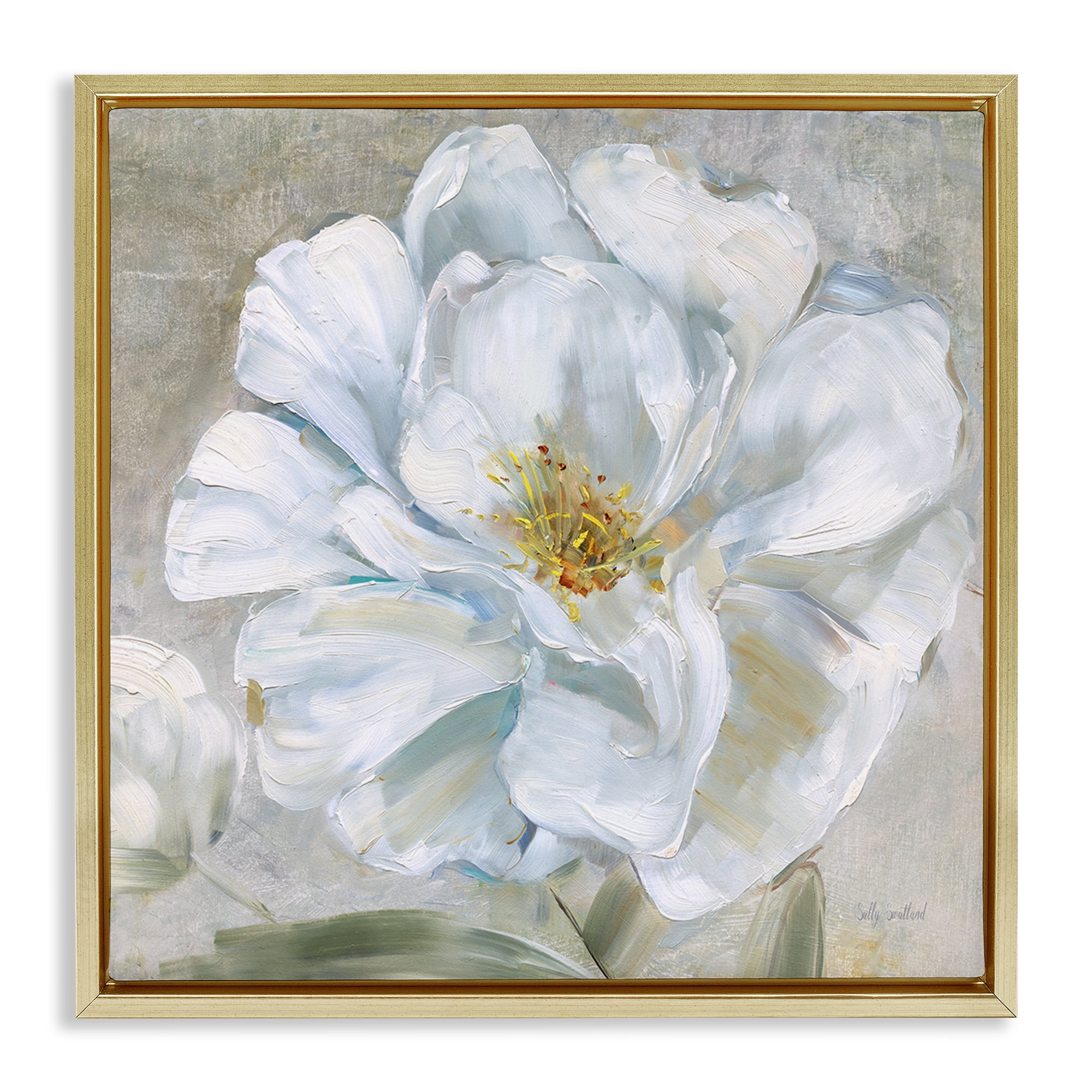 Stupell Industries Close Up White Bloom Plants & Flowers Painting Gold Floater Framed Canvas Art Print Wall Art, 18 x 18