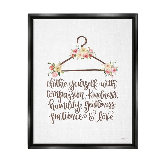 Stupell Industries Clothe Yourself Motivational Fashion Quote Floral Calligraphy Graphic Art Jet Black Floating Framed Canvas Print Wall Art, Design by Imperfect Dust