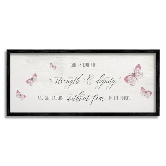 Stupell Industries Clothed in Strength and Dignity Phrase Pink Butterflies Inspirational Painting Black Framed Art Print Wall Art, 10 x 24