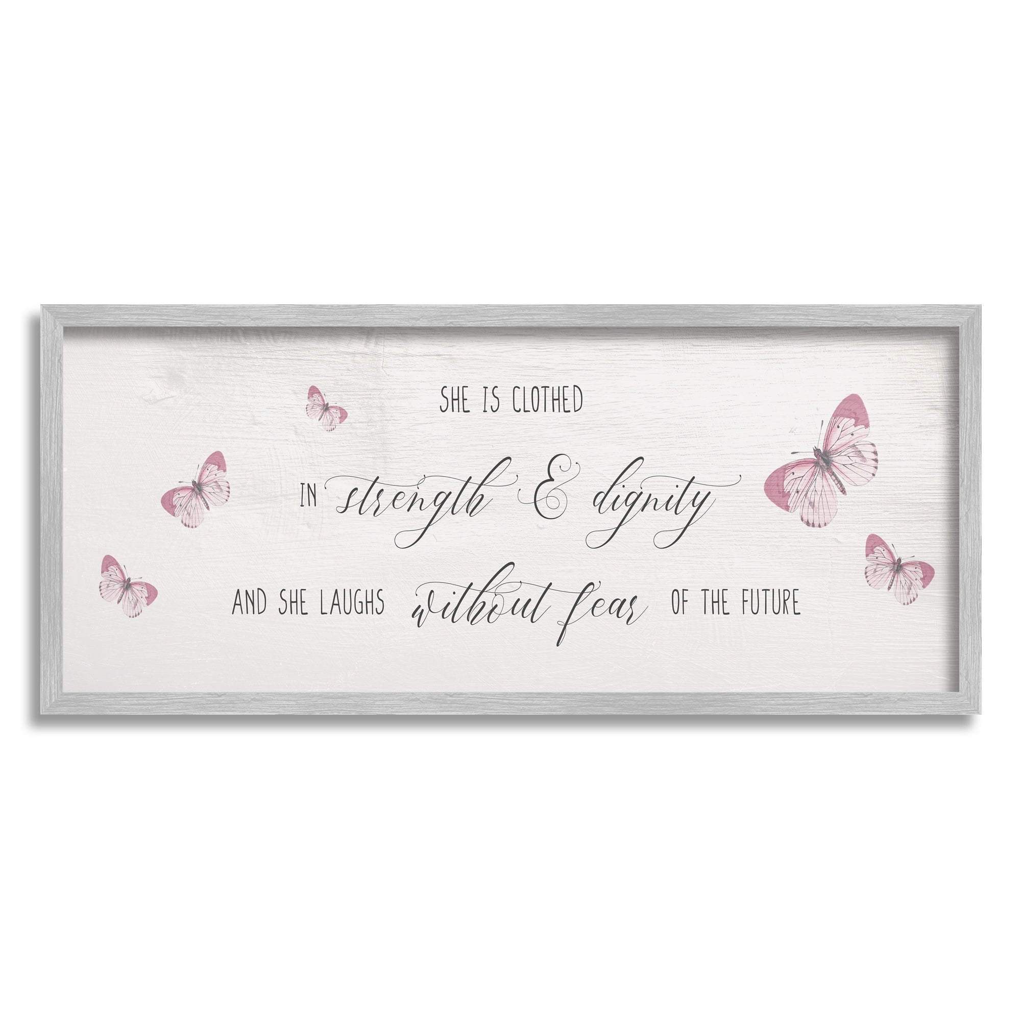 Stupell Industries Clothed in Strength and Dignity Phrase Pink Butterflies Inspirational Painting Gray Framed Art Print Wall Art, 13 x 30