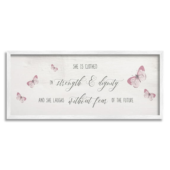 Stupell Industries Clothed in Strength and Dignity Phrase Pink Butterflies Inspirational Painting White Framed Art Print Wall Art, 13 x 30