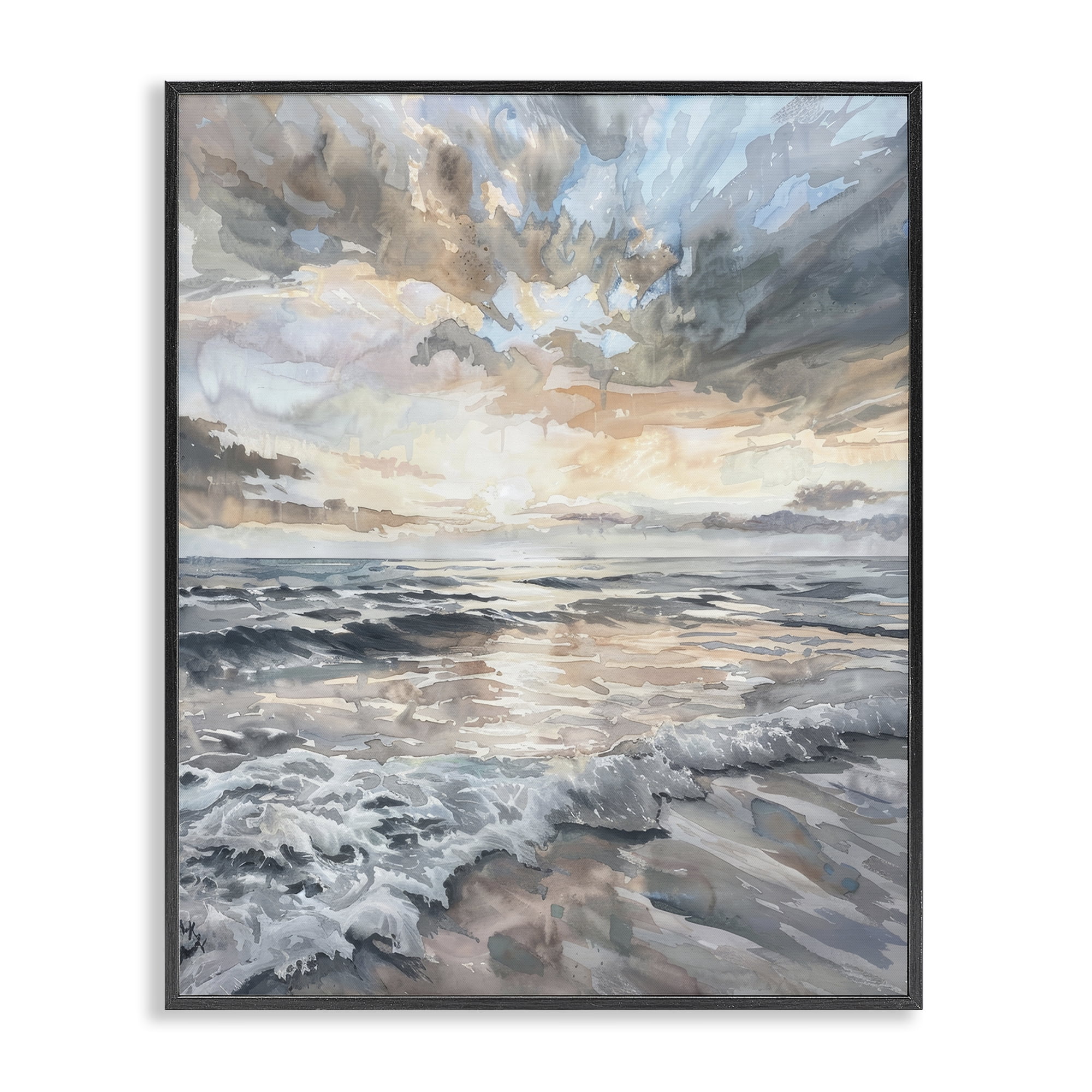 Stupell Industries Cloud Break over Sea Landscape & Nature Painting Black Framed Art Print Wall Art, 16 x 20