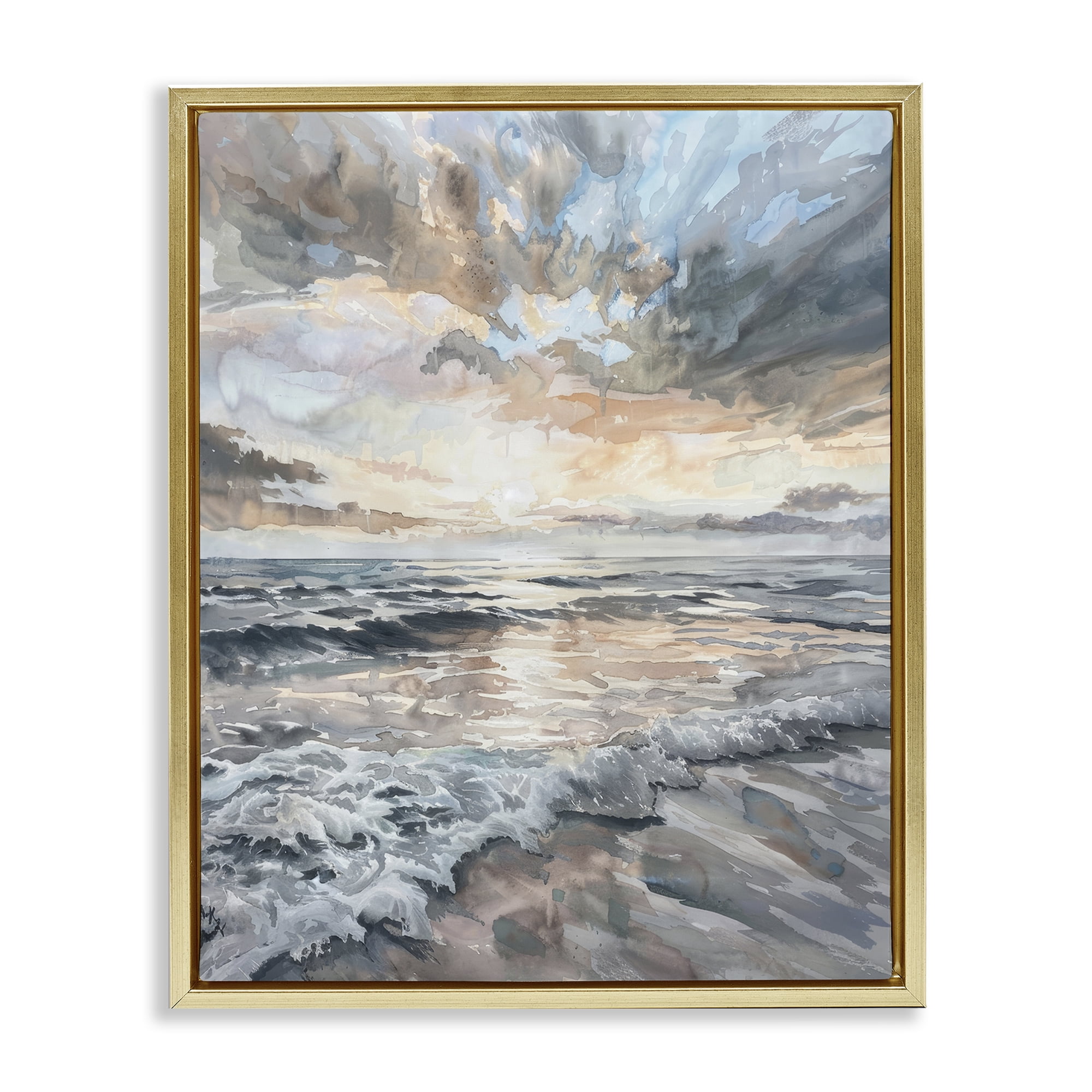 Stupell Industries Cloud Break over Sea Landscape & Nature Painting Gold Floater Framed Canvas Art Print Wall Art, 25 x 31