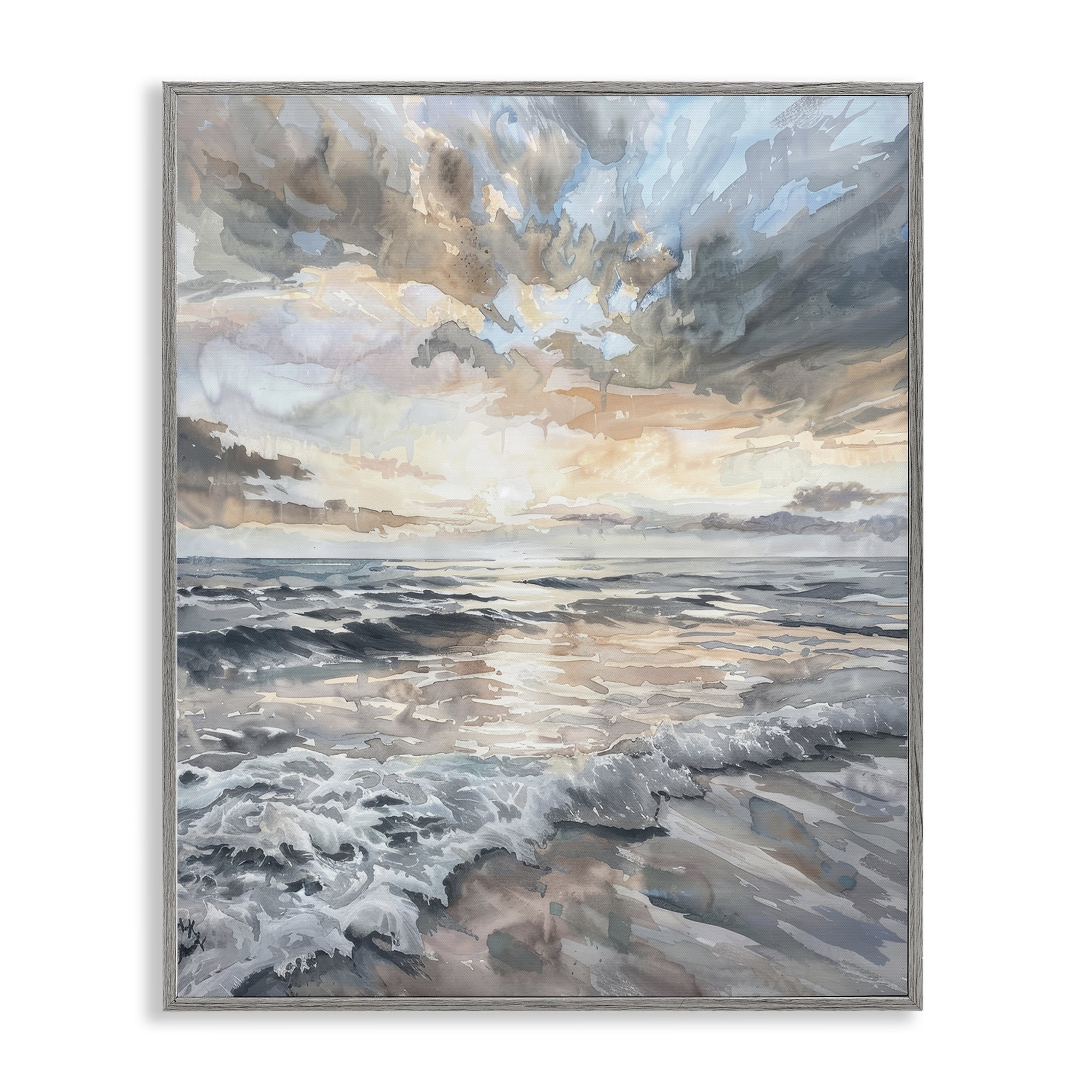 Stupell Industries Cloud Break over Sea Landscape & Nature Painting Gray Framed Art Print Wall Art, 16 x 20