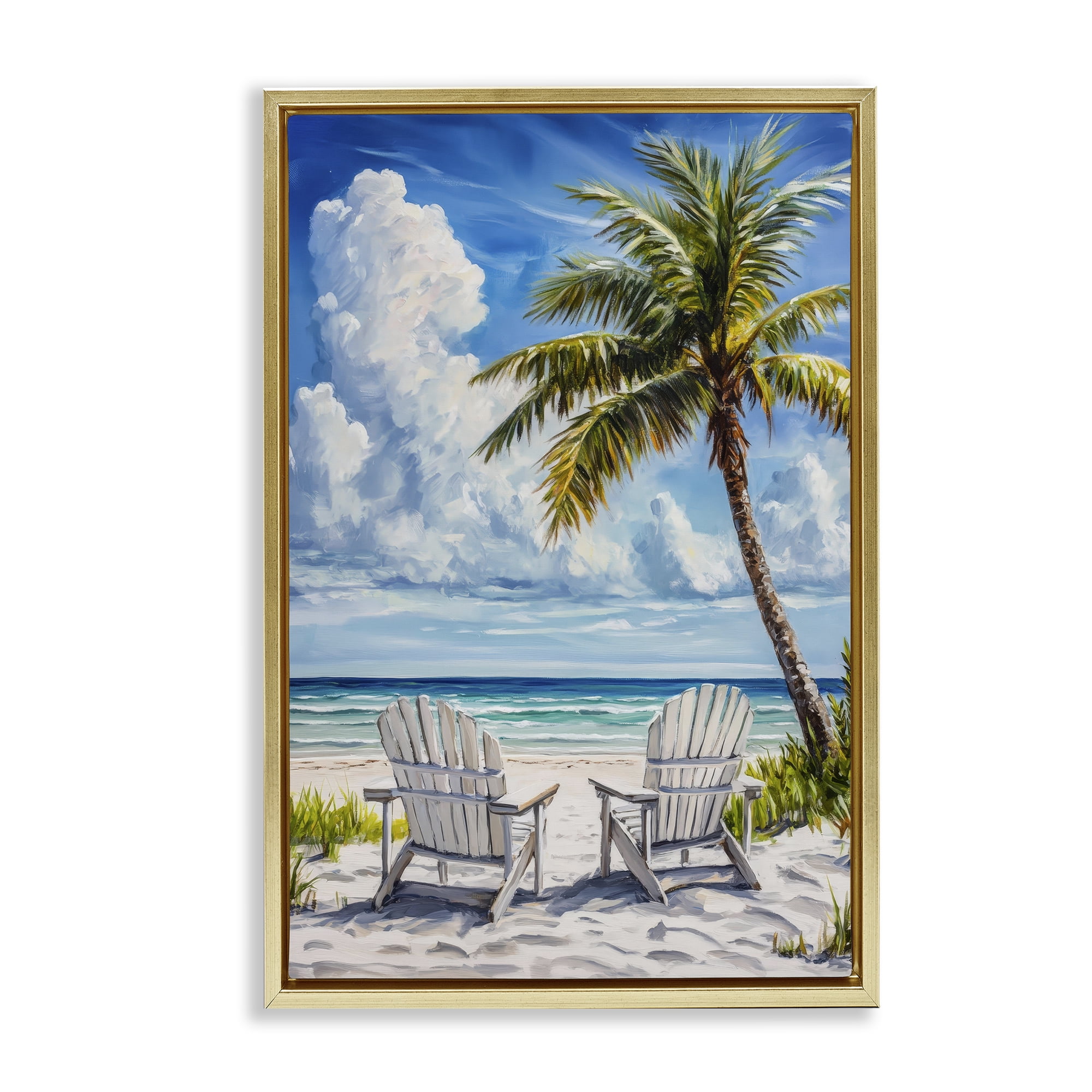 Stupell Industries Clouded Beach with Looming Palm Gold Framed Floater Canvas Wall Art, design by Petal Prints Design