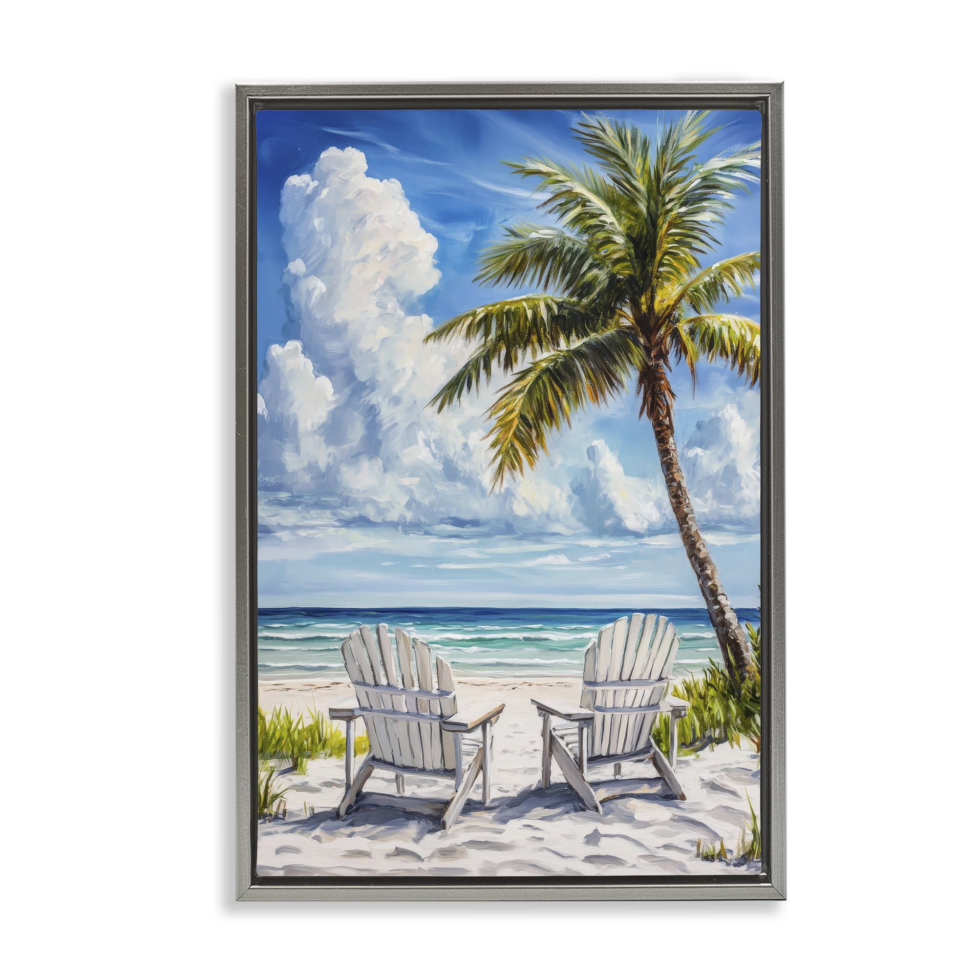 Stupell Industries Clouded Beach with Looming Palm Gray Framed Floater Canvas Wall Art, design by Petal Prints Design