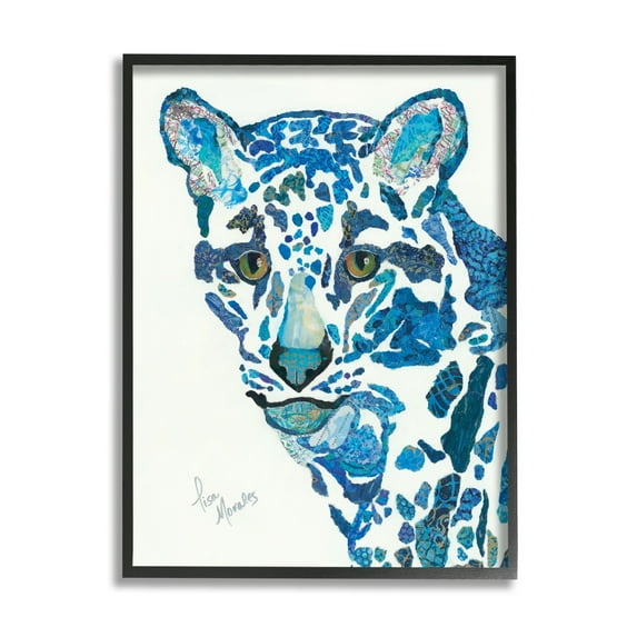 Stupell Industries Clouded Leopard Collaged Blue Patterns Wildlife Animal Painting Black Framed Art Print Wall Art, Design by Lisa Morales