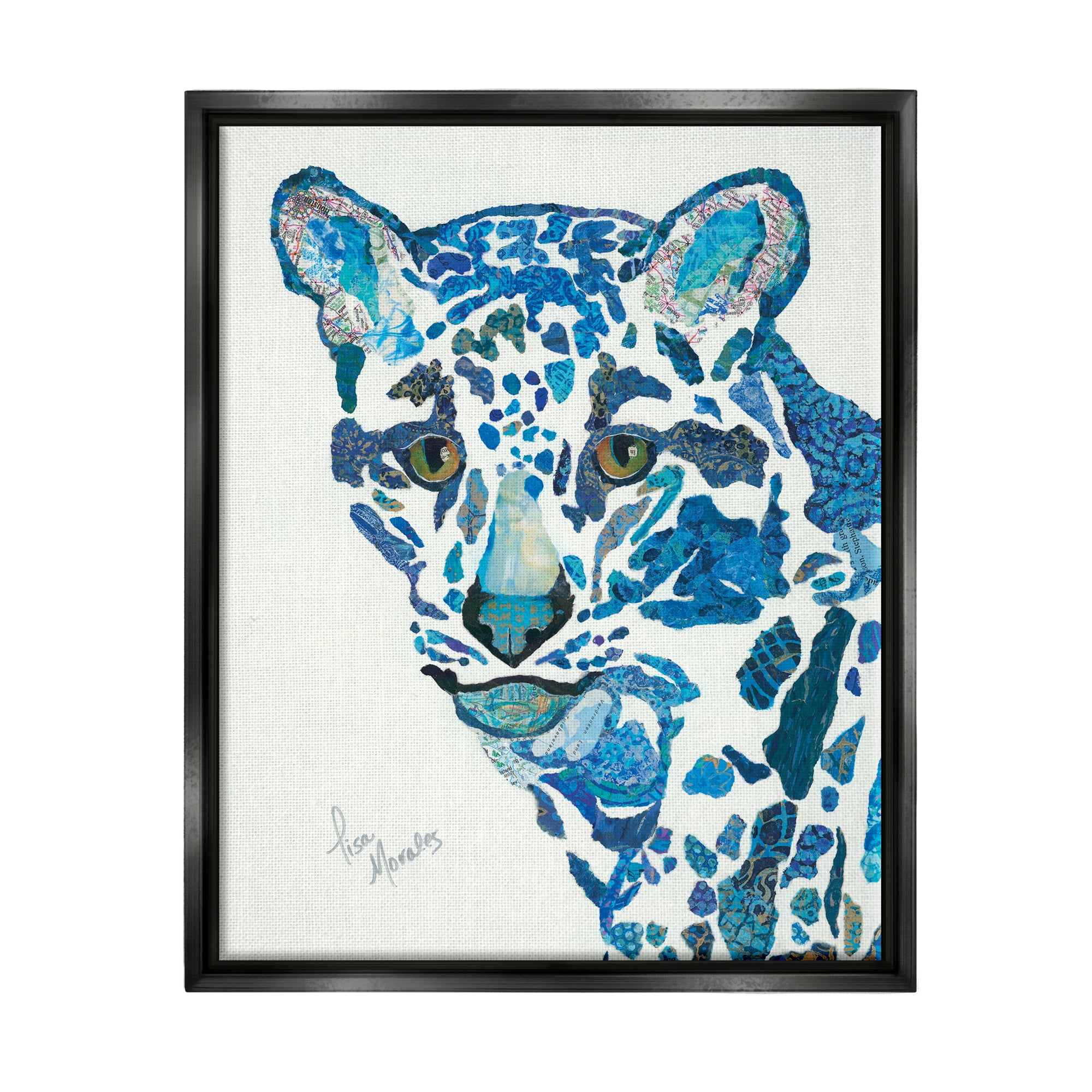 Stupell Industries Clouded Leopard Collaged Blue Patterns Wildlife Animal Painting Jet Black Floating Framed Canvas Print Wall Art, Design by Lisa Morales