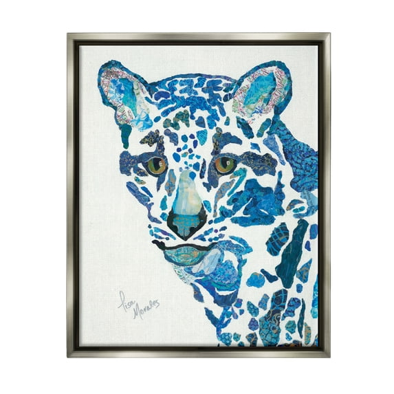Stupell Industries Clouded Leopard Collaged Blue Patterns Wildlife Animal Painting Luster Gray Floating Framed Canvas Print Wall Art, Design by Lisa Morales