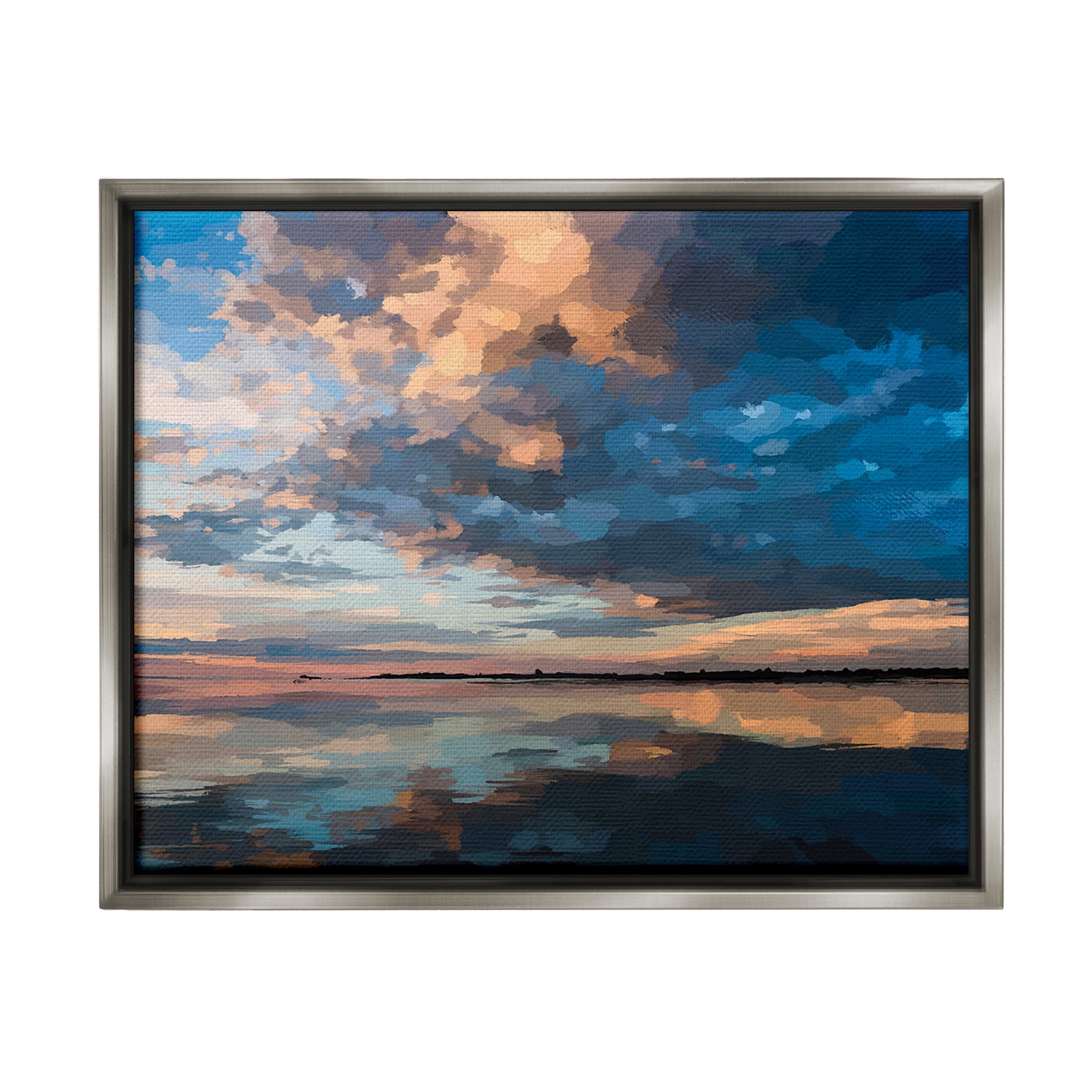 Stupell Industries Clouds & Sunset Reflection Landscape Painting Gray Floater Framed Canvas Art Print Wall Art, 31 x 25