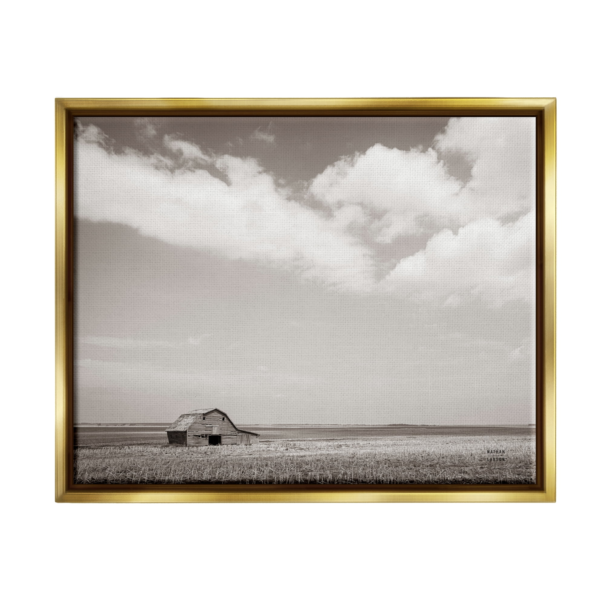 Stupell Industries Clouds over Barn Pasture Landscape Photography Gold Floater Framed Canvas Art Print Wall Art, 21 x 17