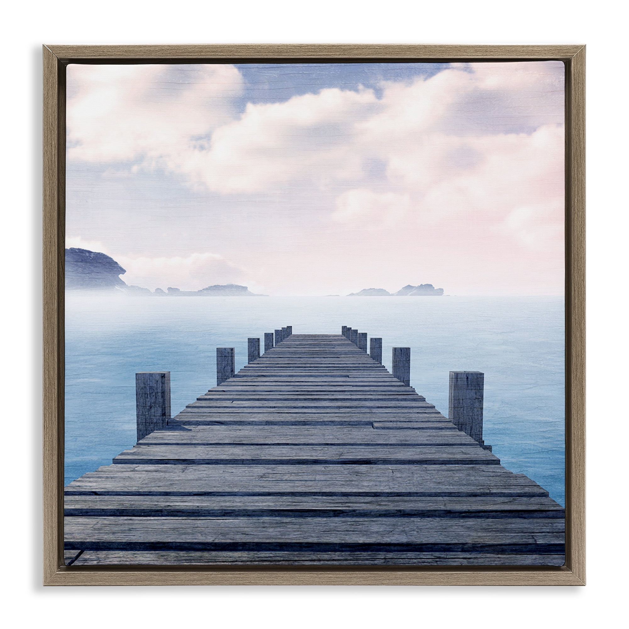 Stupell Industries Clouds over Sea Dock Nautical & Beach Painting Brown Floater Framed Canvas Art Print Wall Art, 25 x 25