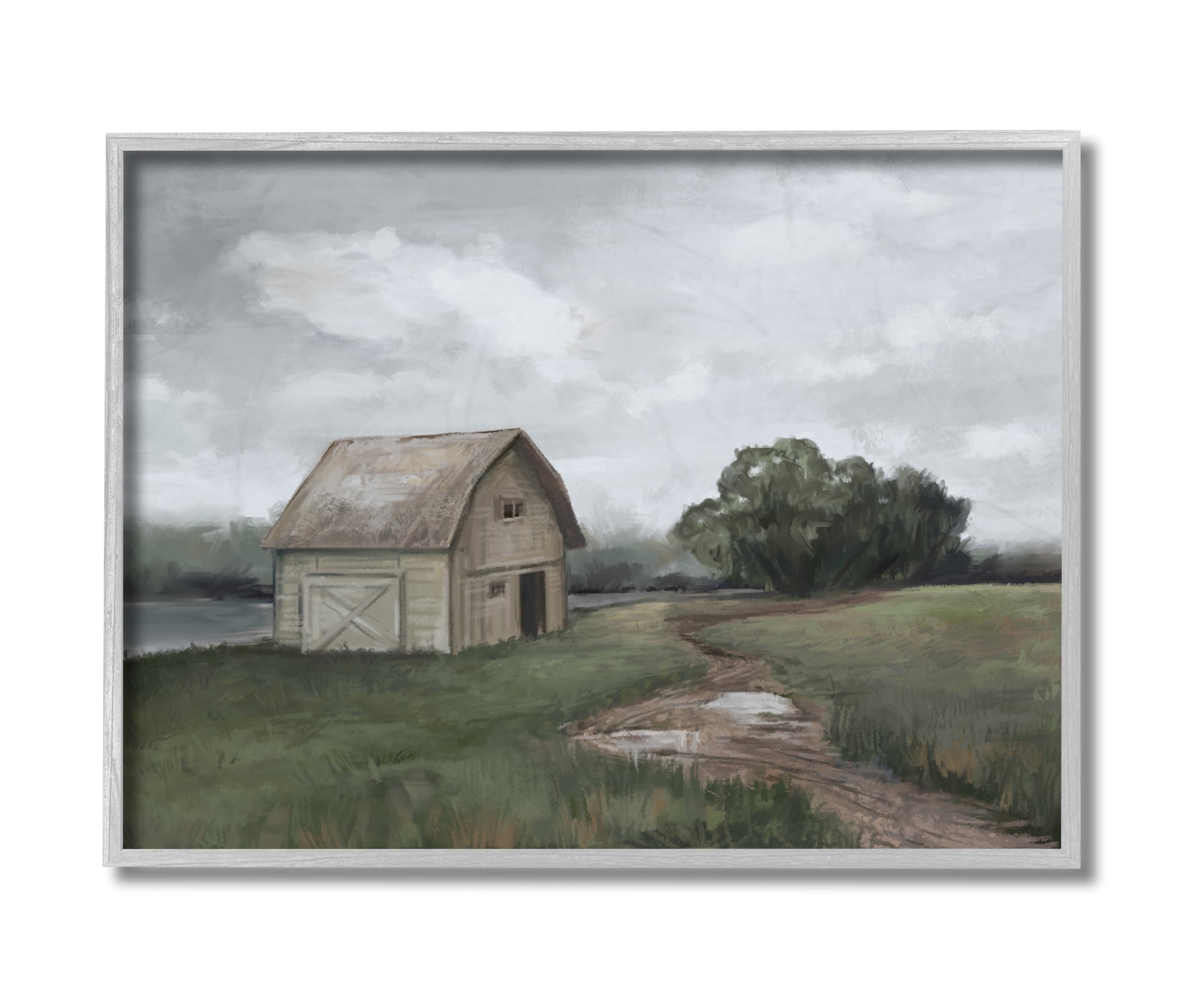 Cloudy Barn Landscape on Canvas with Gray Frame, 16 x 20