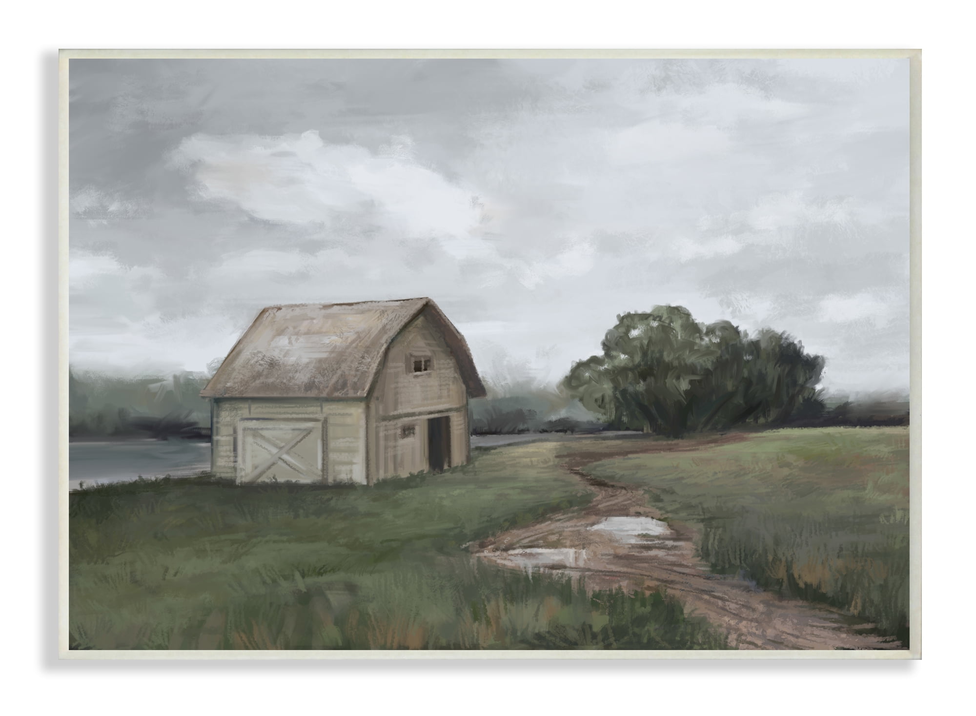 Cloudy Barn Side Landscape Darkened Meadow Wood Wall Art