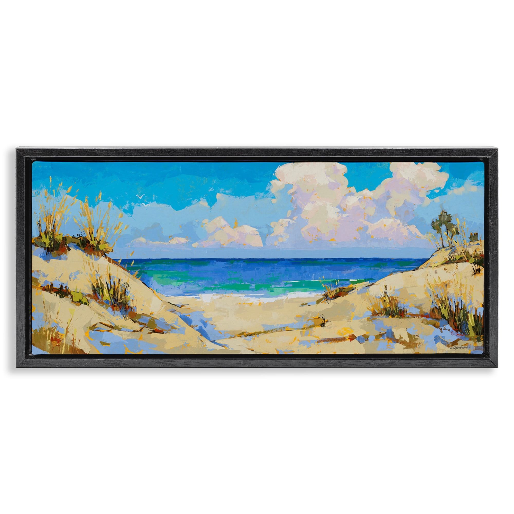 Stupell Industries Cloudy Beach Painting Landscape Painting Black Floater Framed Canvas Art Print Wall Art, 31 x 14