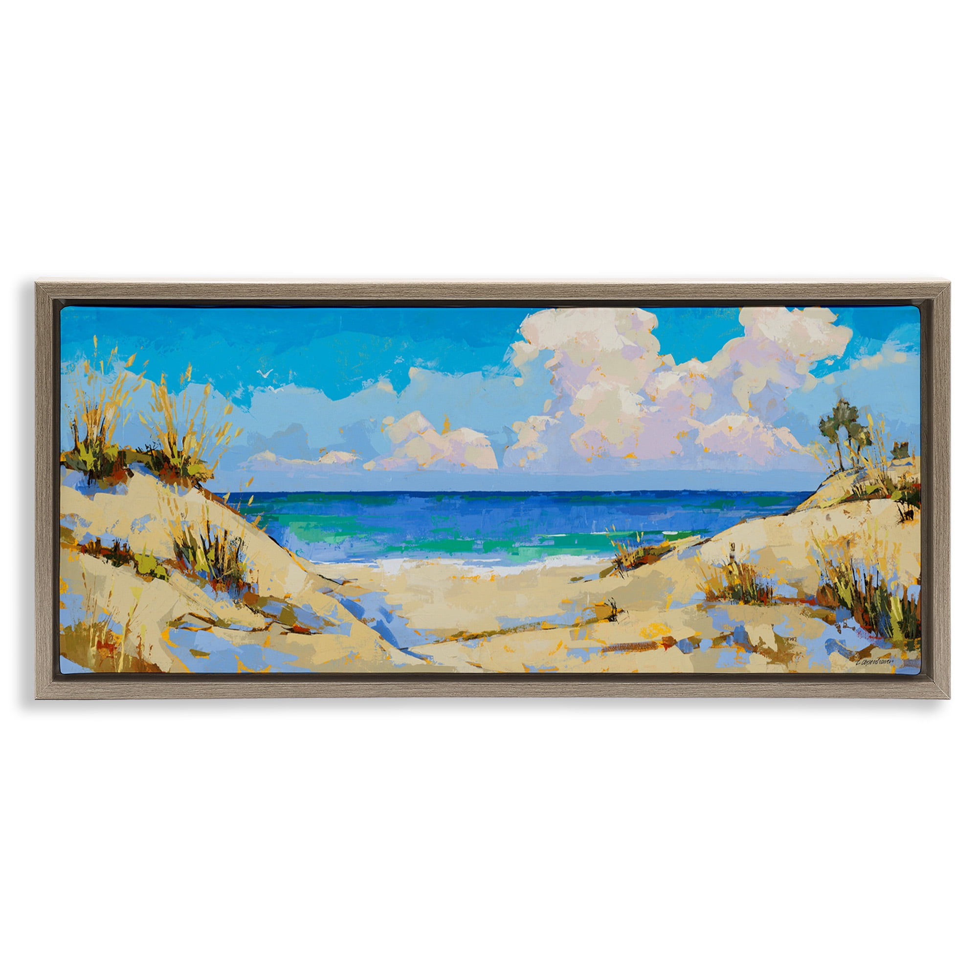 Stupell Industries Cloudy Beach Painting Landscape Painting Brown Floater Framed Canvas Art Print Wall Art, 31 x 14