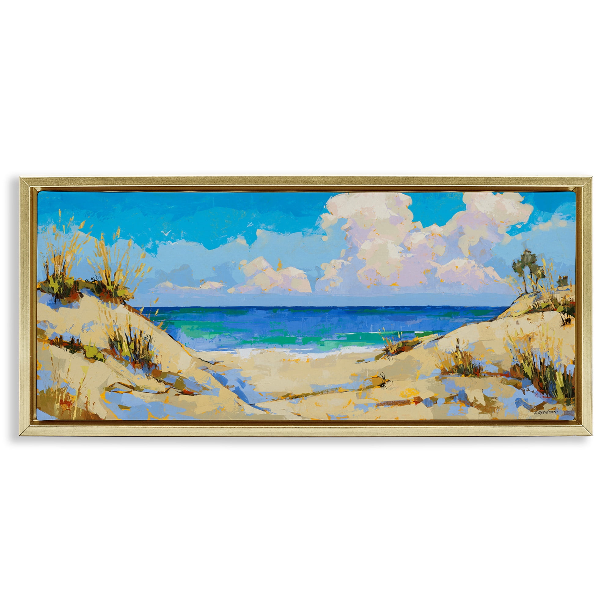 Stupell Industries Cloudy Beach Painting Landscape Painting Gold Floater Framed Canvas Art Print Wall Art, 25 x 11