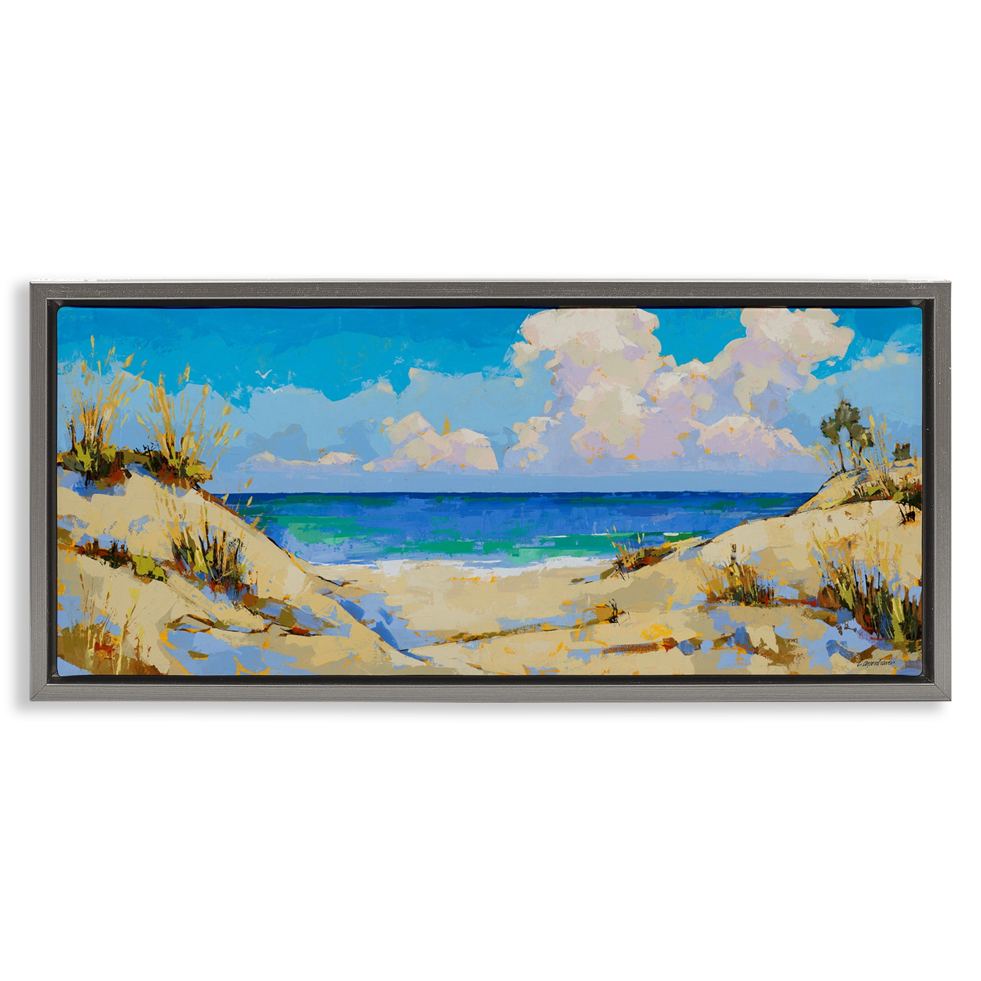 Stupell Industries Cloudy Beach Painting Landscape Painting Gray Floater Framed Canvas Art Print Wall Art, 31 x 14