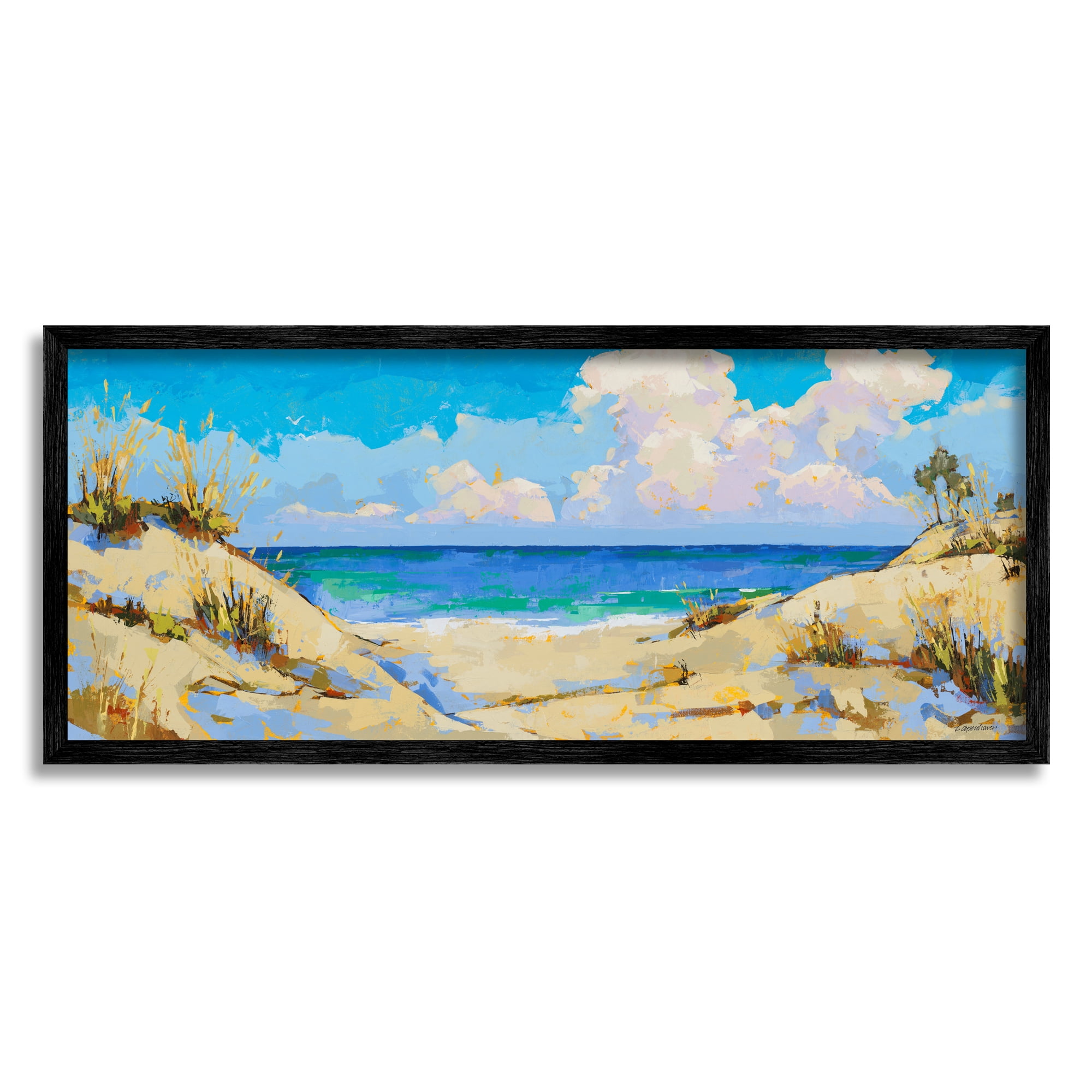 Stupell Industries Cloudy Beach Painting Nature Painting Black Framed Art Print Wall Art, 30 x 13