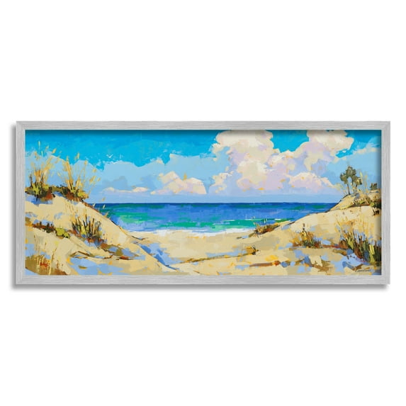Stupell Industries Cloudy Beach Painting Nature Painting Gray Framed Art Print Wall Art, 30 x 13