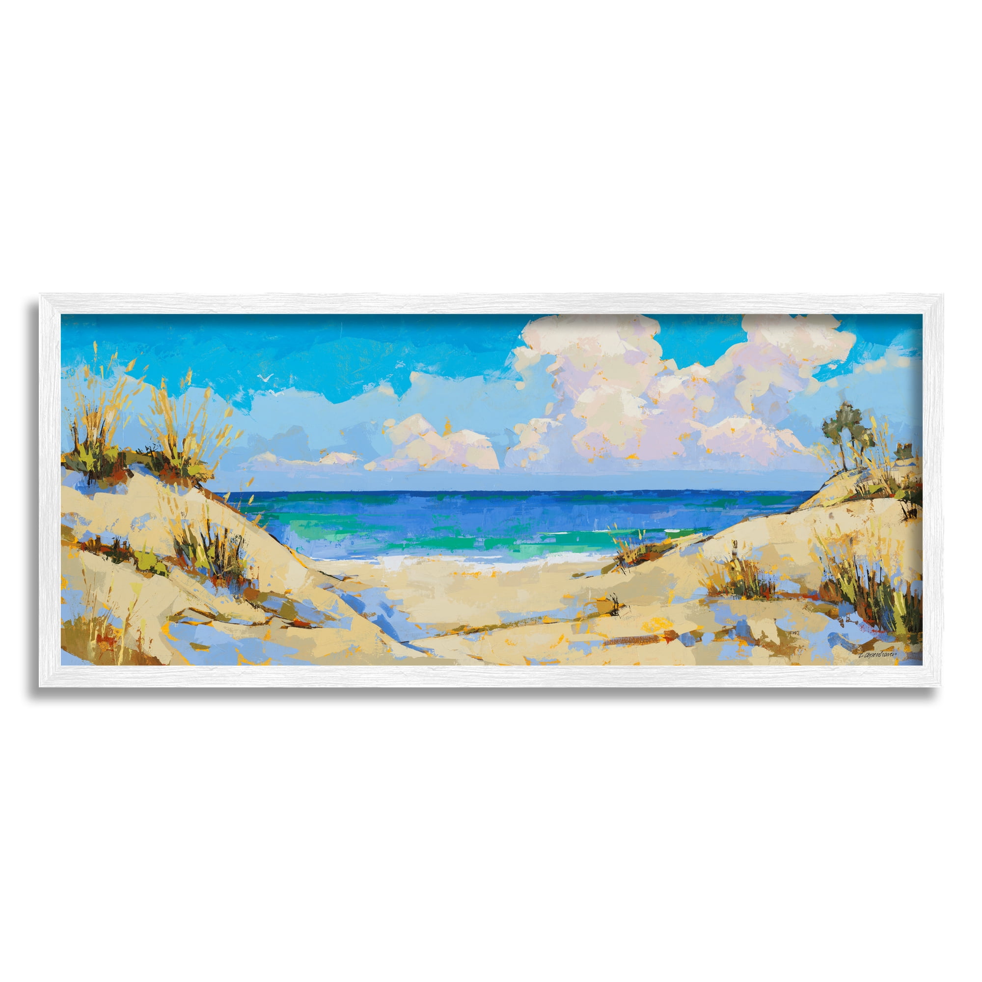 Stupell Industries Cloudy Beach Painting Nature Painting White Framed Art Print Wall Art, 30 x 13