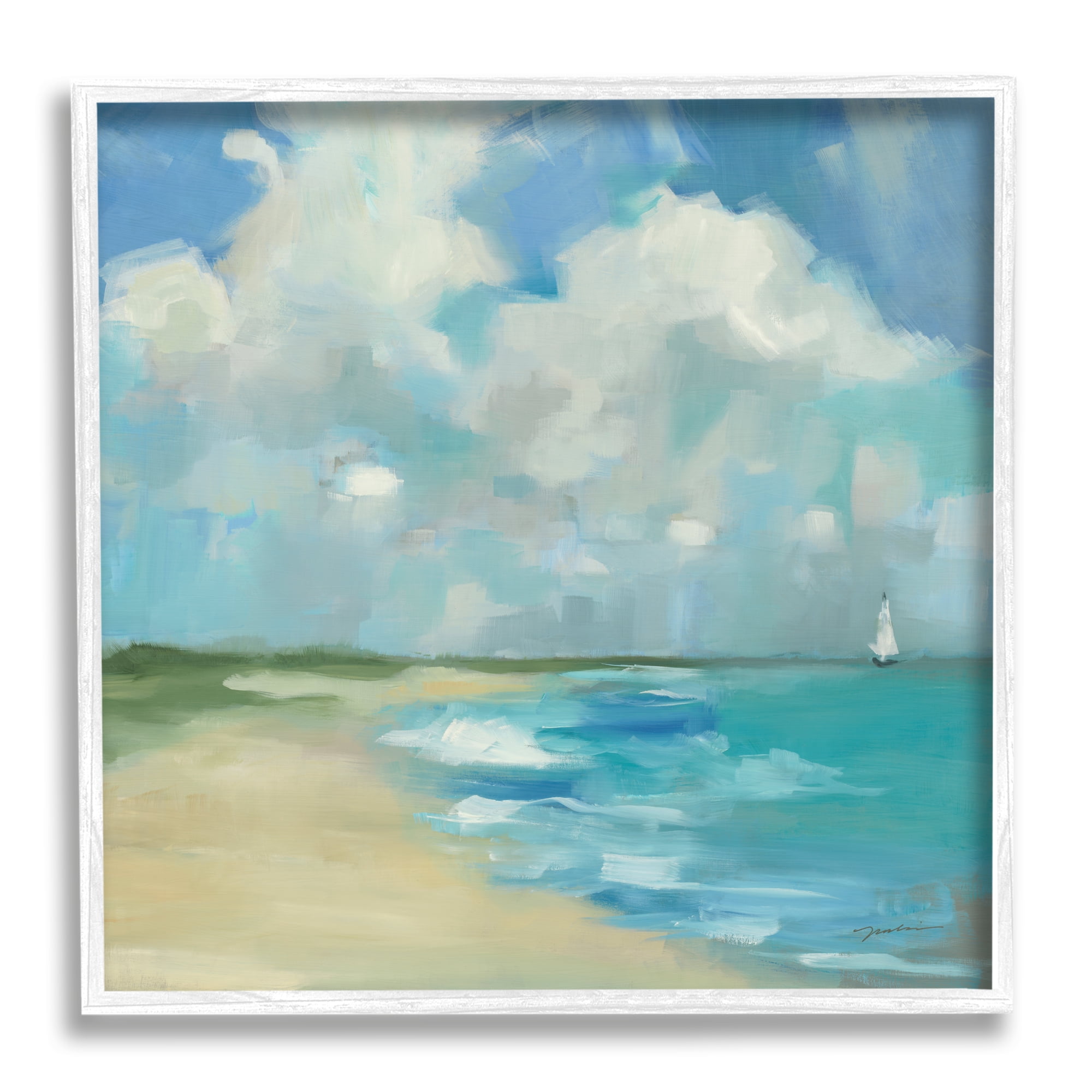 Stupell Industries Cloudy Beach Scenery Nature Painting White Framed Art Print Wall Art, 24 x 24