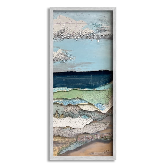 Stupell Industries Cloudy Beach Shore Landscape Layered Ephemera Collage Painting Gray Framed Art Print Wall Art, Design by Stacy Gresell