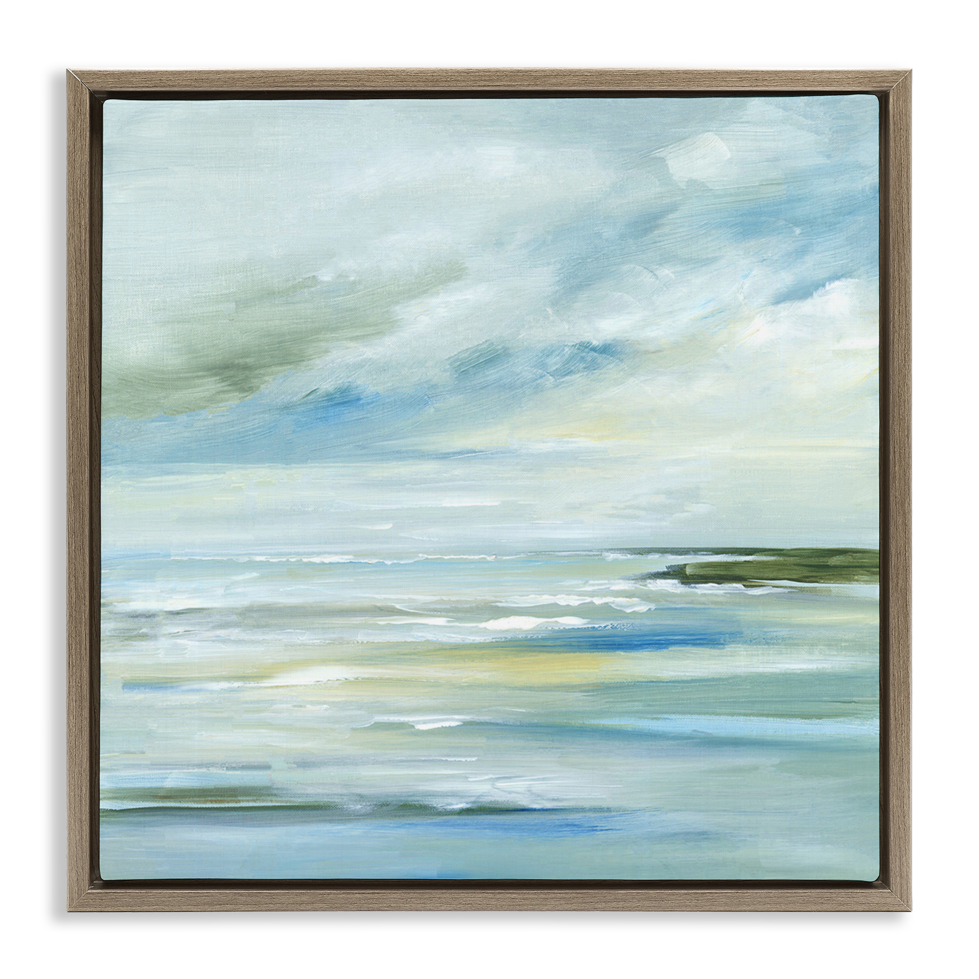 Stupell Industries Cloudy Blue Beach Impression Landscape & Nature Painting Brown Floater Framed Canvas Art Print Wall Art, 18 x 18