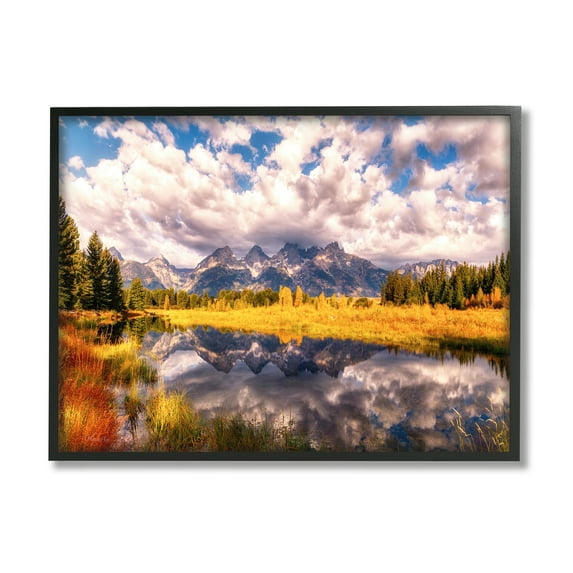 Stupell Industries Cloudy Mountain Pond Nature Photography Black Framed Art Print Wall Art, 20 x 16