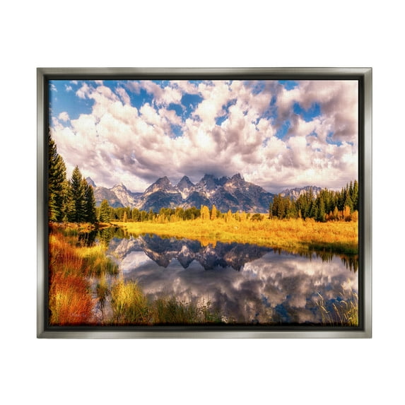 Stupell Industries Cloudy Mountain Pond Nature Photography Gray Floater Framed Art Print Wall Art, 31 x 25