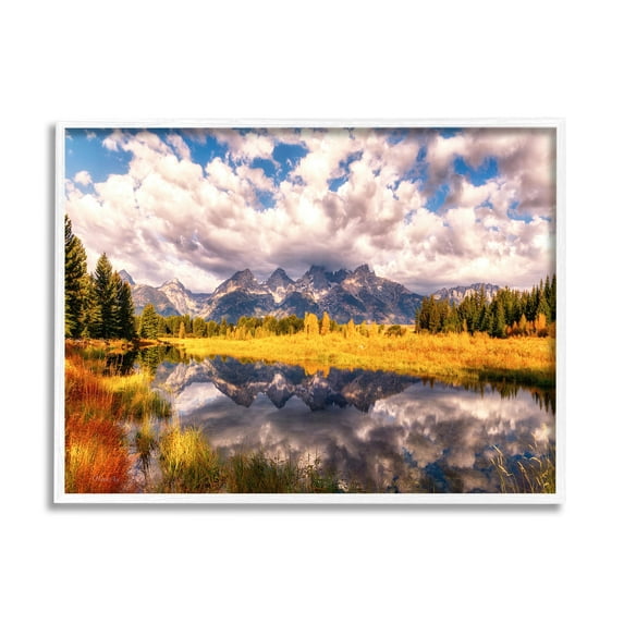 Stupell Industries Cloudy Mountain Pond Nature Photography White Framed Art Print Wall Art, 20 x 16