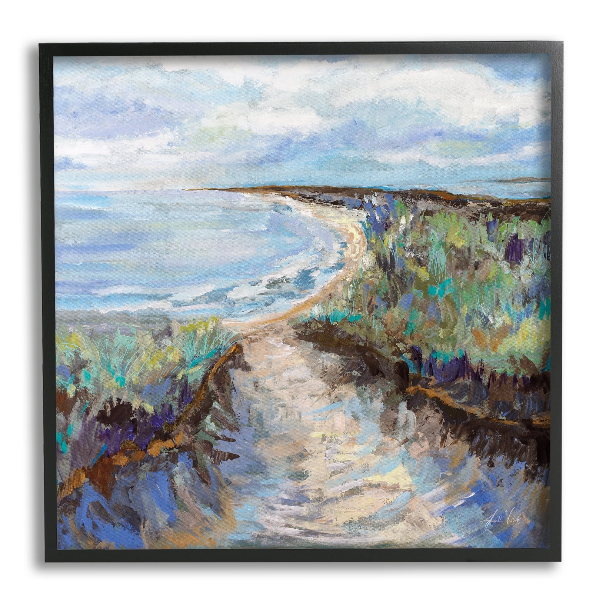 Stupell Industries Cloudy Ocean Coast Painting Nature Painting Black Framed Art Print Wall Art, 17 x 17