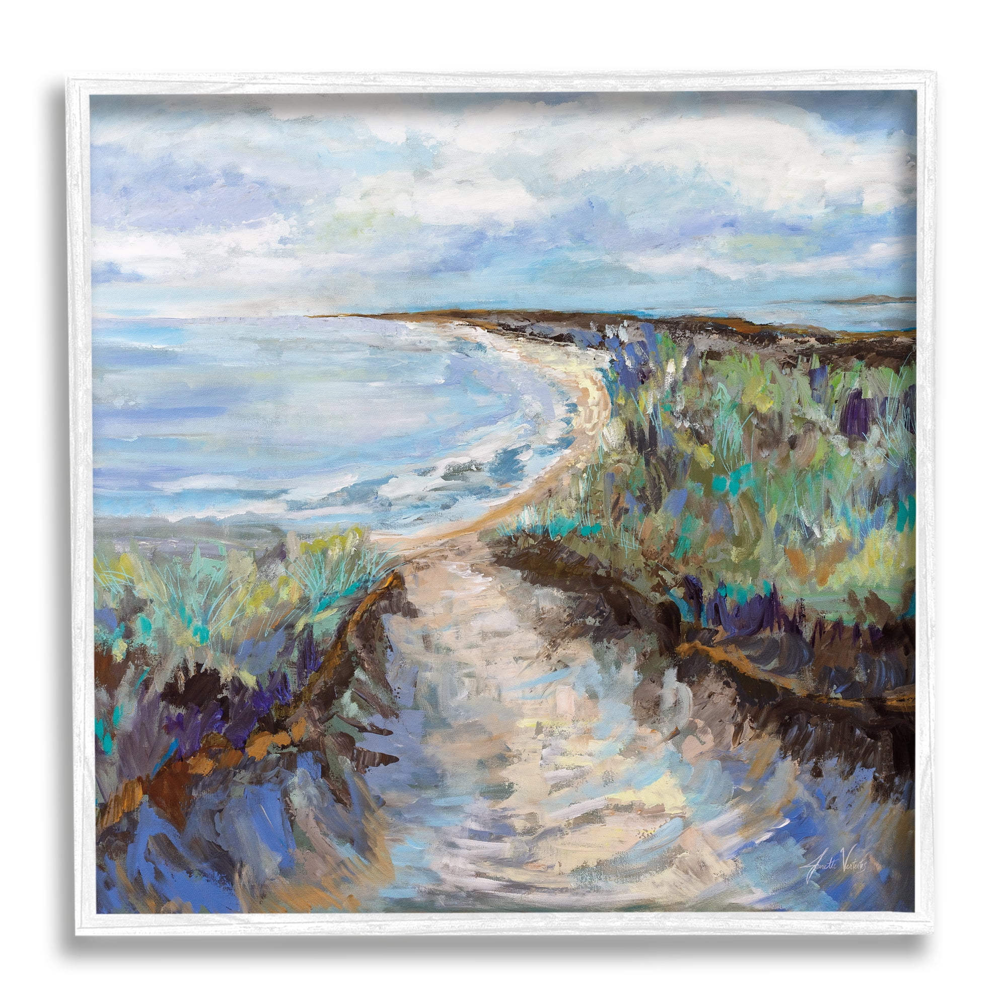 Stupell Industries Cloudy Ocean Coast Painting Nature Painting White Framed Art Print Wall Art, 24 x 24