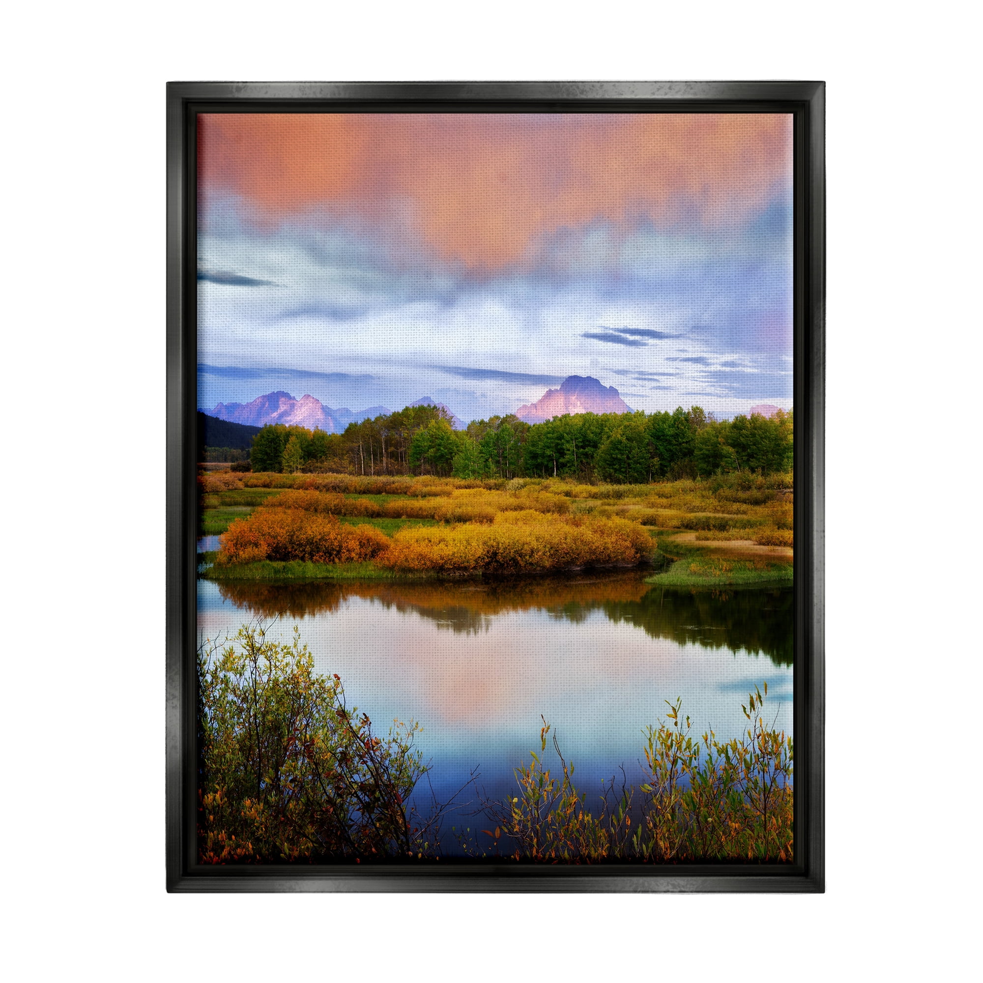 Stupell Industries Cloudy Pond Mountain Peaks Coastal Photography Black Floater Framed Art Print Wall Art