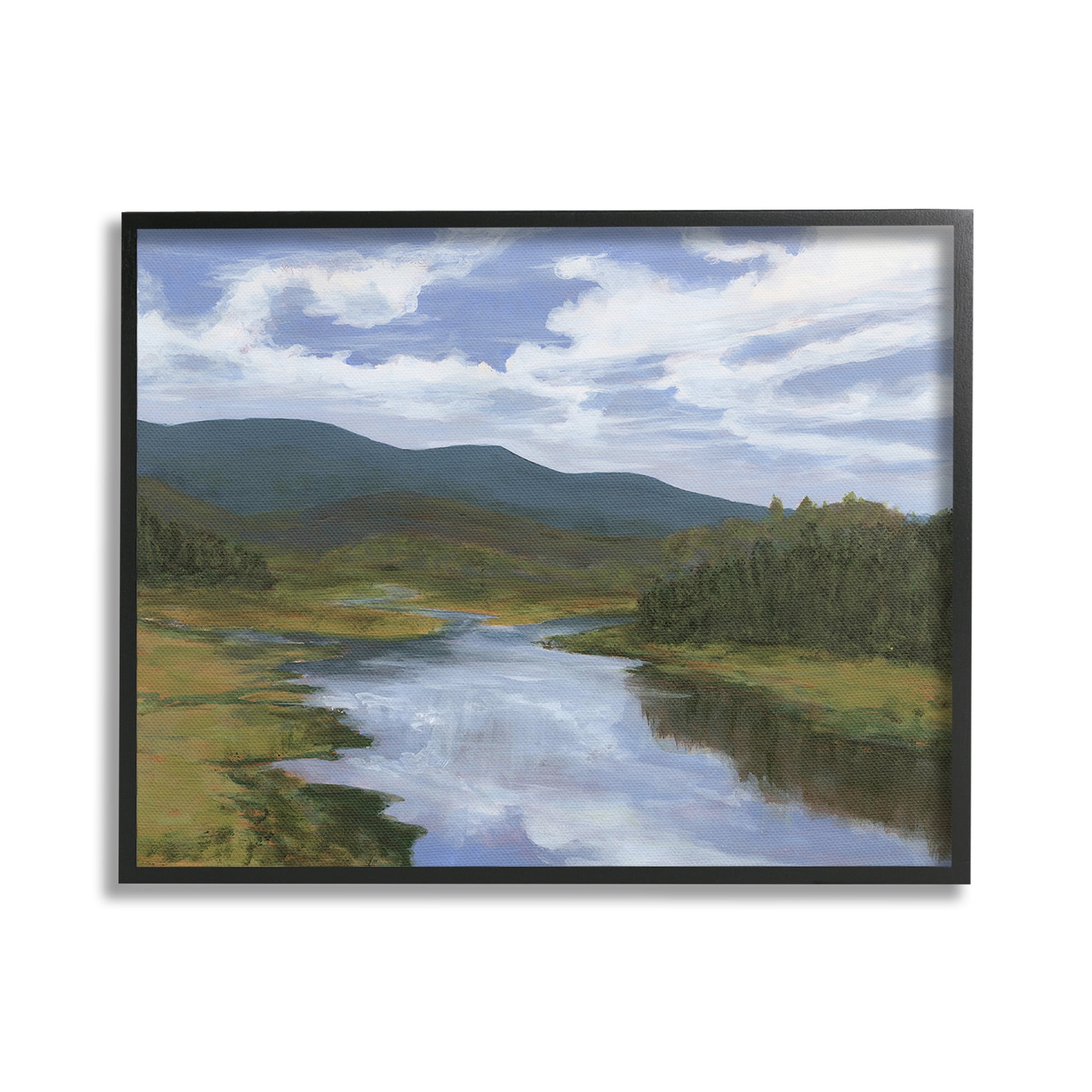 Stupell Industries Cloudy River Landscape Landscape Painting Black Framed Art Print Wall Art, 20 x 16