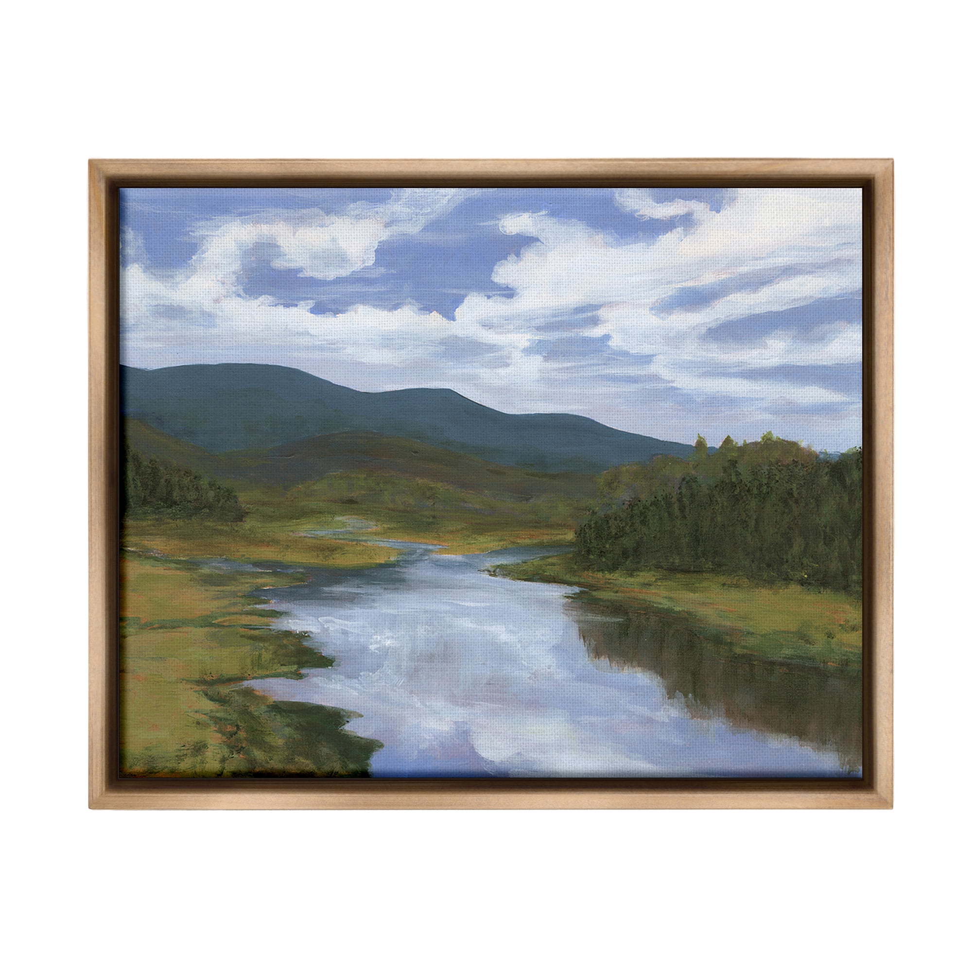 Stupell Industries Cloudy River Landscape Landscape Painting Brown Floater Framed Canvas Art Print Wall Art, 21 x 17