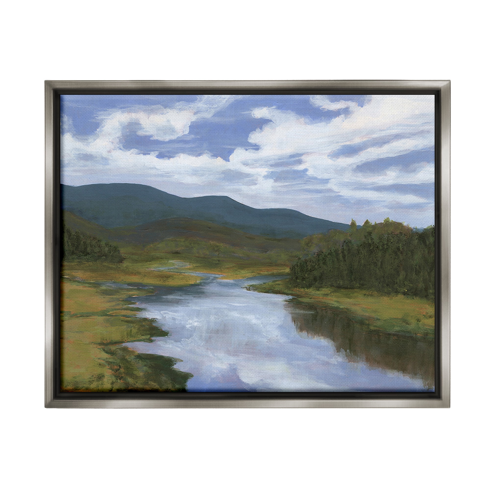 Stupell Industries Cloudy River Landscape Landscape Painting Gray Floater Framed Canvas Art Print Wall Art, 21 x 17