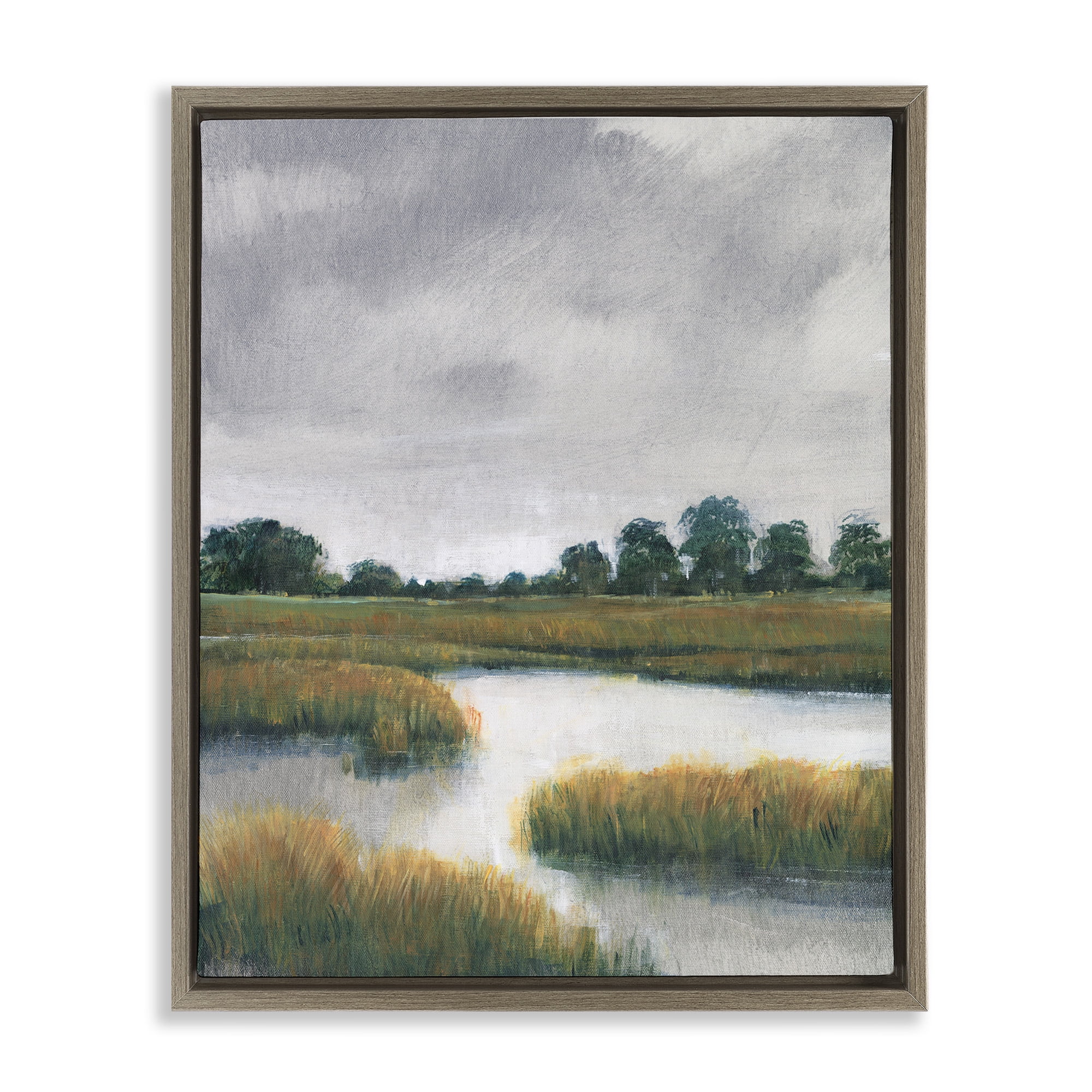 Stupell Industries Cloudy Rural Marsh Landscape Landscape Painting Brown Floater Framed Canvas Art Print Wall Art, 25 x 31
