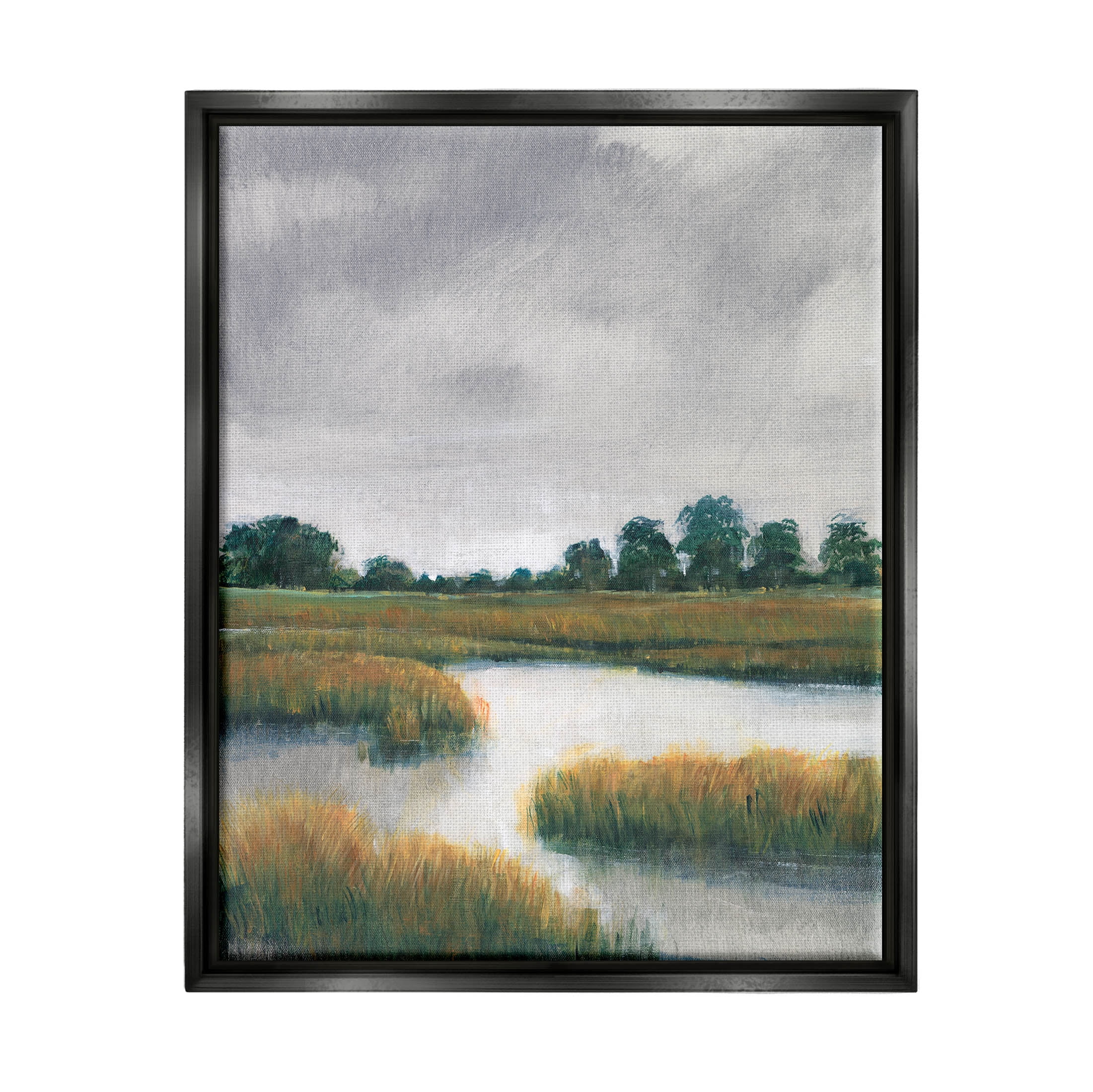 Stupell Industries Cloudy Rural Marsh Landscape Painting Jet Black Floating Framed Canvas Print Wall Art, Design by Tim OToole