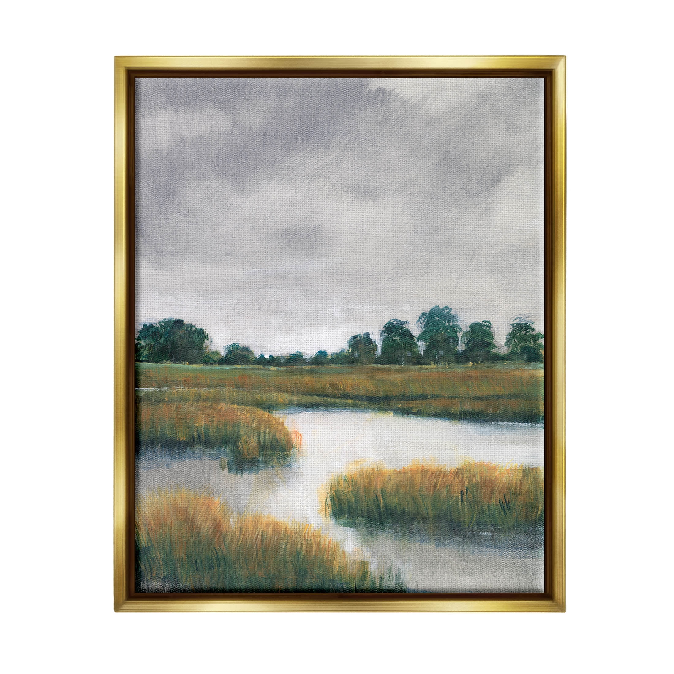 Stupell Industries Cloudy Rural Marsh Landscape Painting Metallic Gold Floating Framed Canvas Print Wall Art, Design by Tim OToole