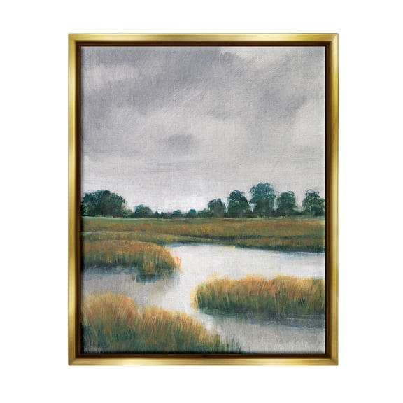 Stupell Industries Cloudy Rural Marsh Landscape Painting Metallic Gold Floating Framed Canvas Print Wall Art, Design by Tim OToole