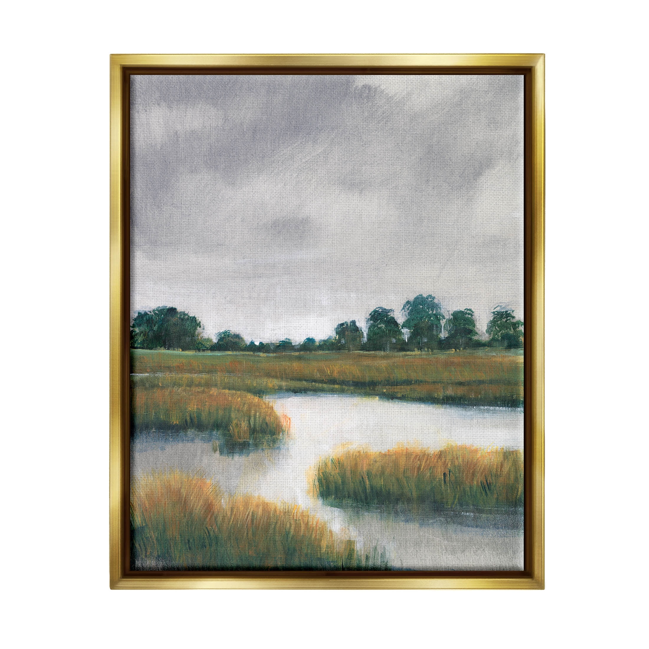 Stupell Industries Cloudy Rural Marsh Landscape Painting Metallic Gold Floating Framed Canvas Print Wall Art, Design by Tim OToole