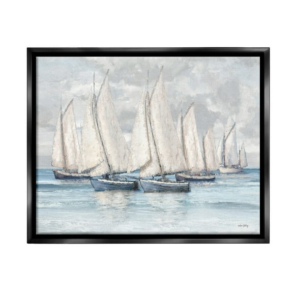 Stupell Industries Cloudy Sailboat Fleet Transportation Painting Black Floater Framed Canvas Art Print Wall Art, 21 x 17