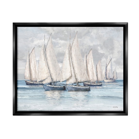Stupell Industries Cloudy Sailboat Fleet Transportation Painting Black Floater Framed Canvas Art Print Wall Art, 31 x 25