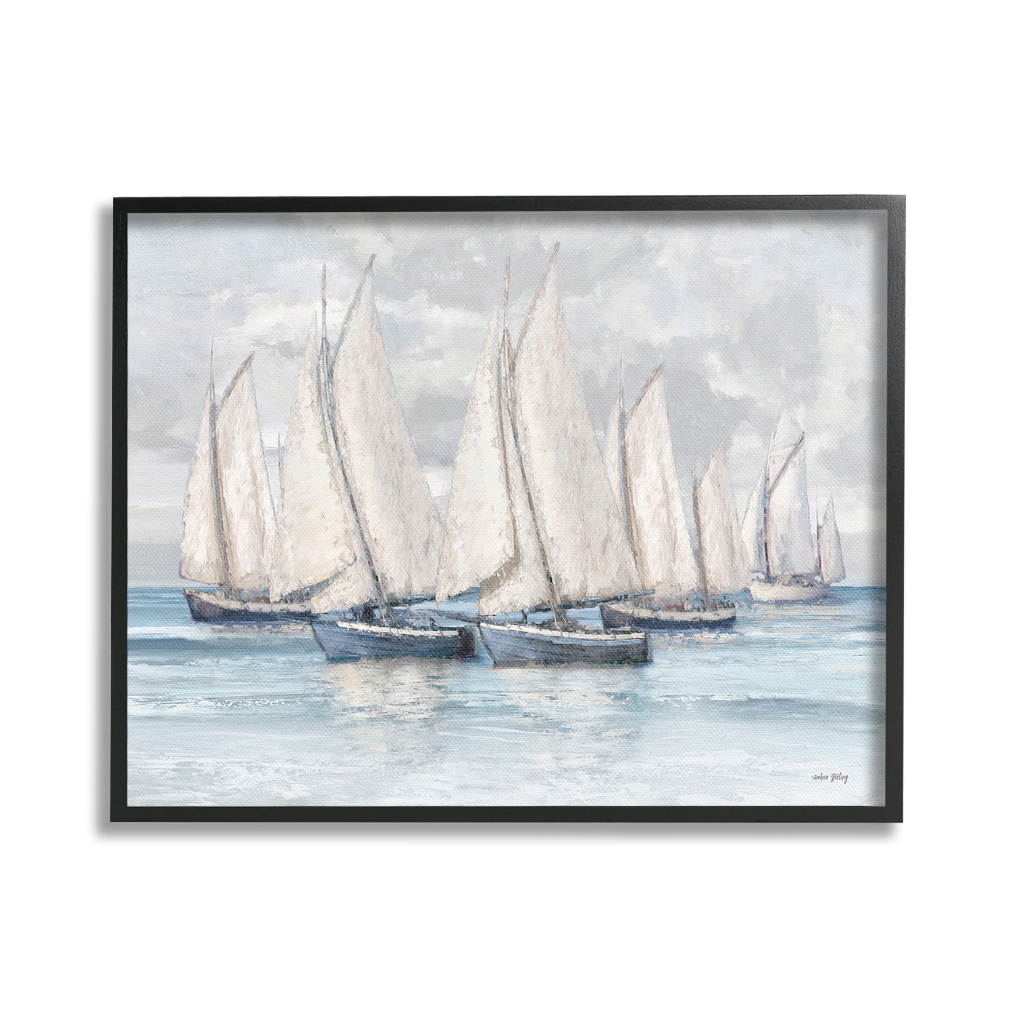 Stupell Industries Cloudy Sailboat Fleet Transportation Painting Black Framed Art Print Wall Art, 20 x 16