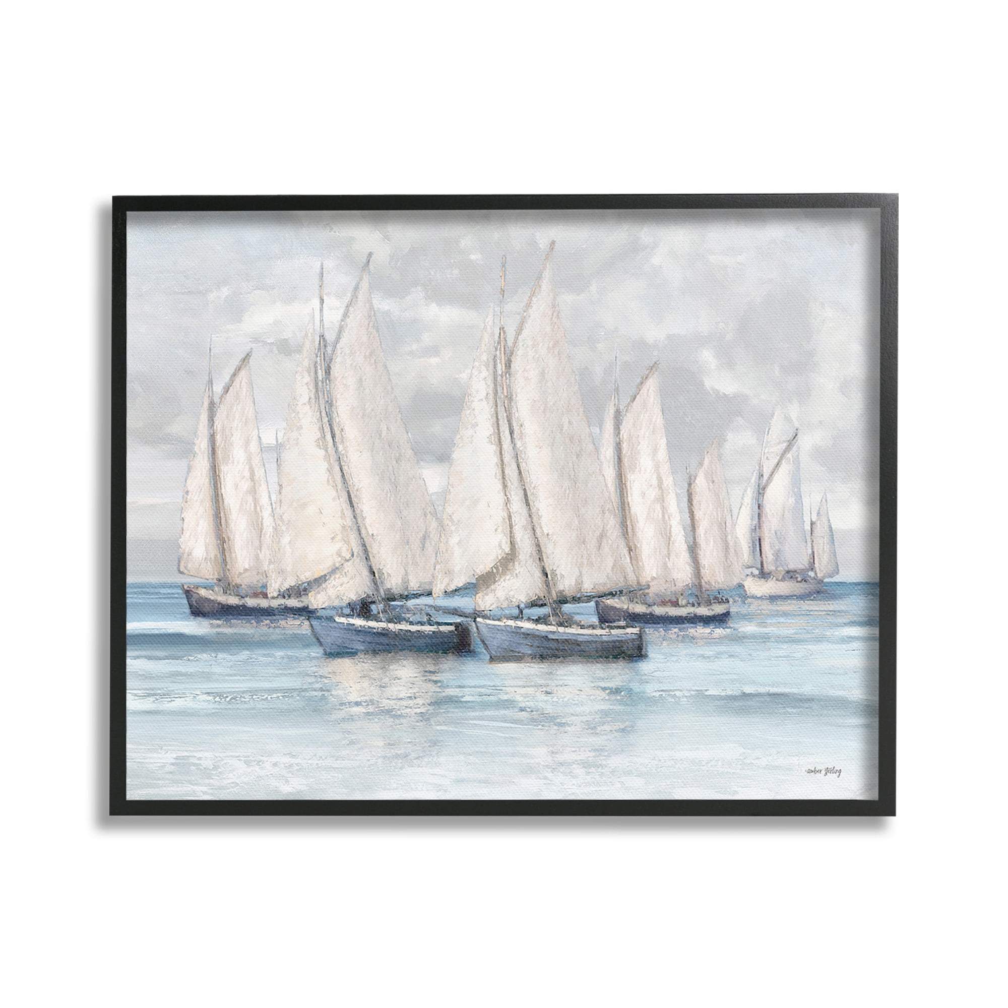 Stupell Industries Cloudy Sailboat Fleet Transportation Painting Black Framed Art Print Wall Art, 30 x 24