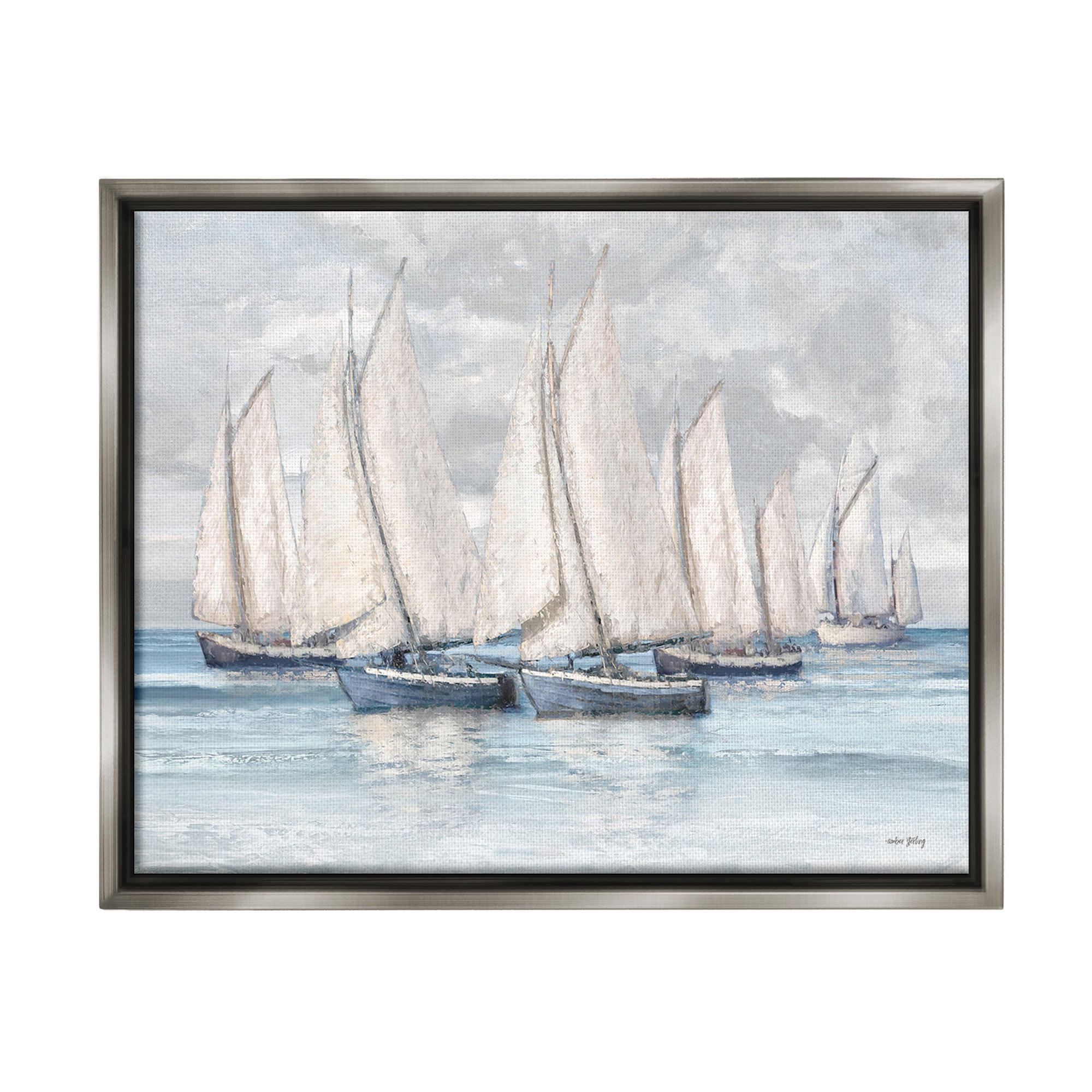 Stupell Industries Cloudy Sailboat Fleet Transportation Painting Gray Floater Framed Canvas Art Print Wall Art, 21 x 17
