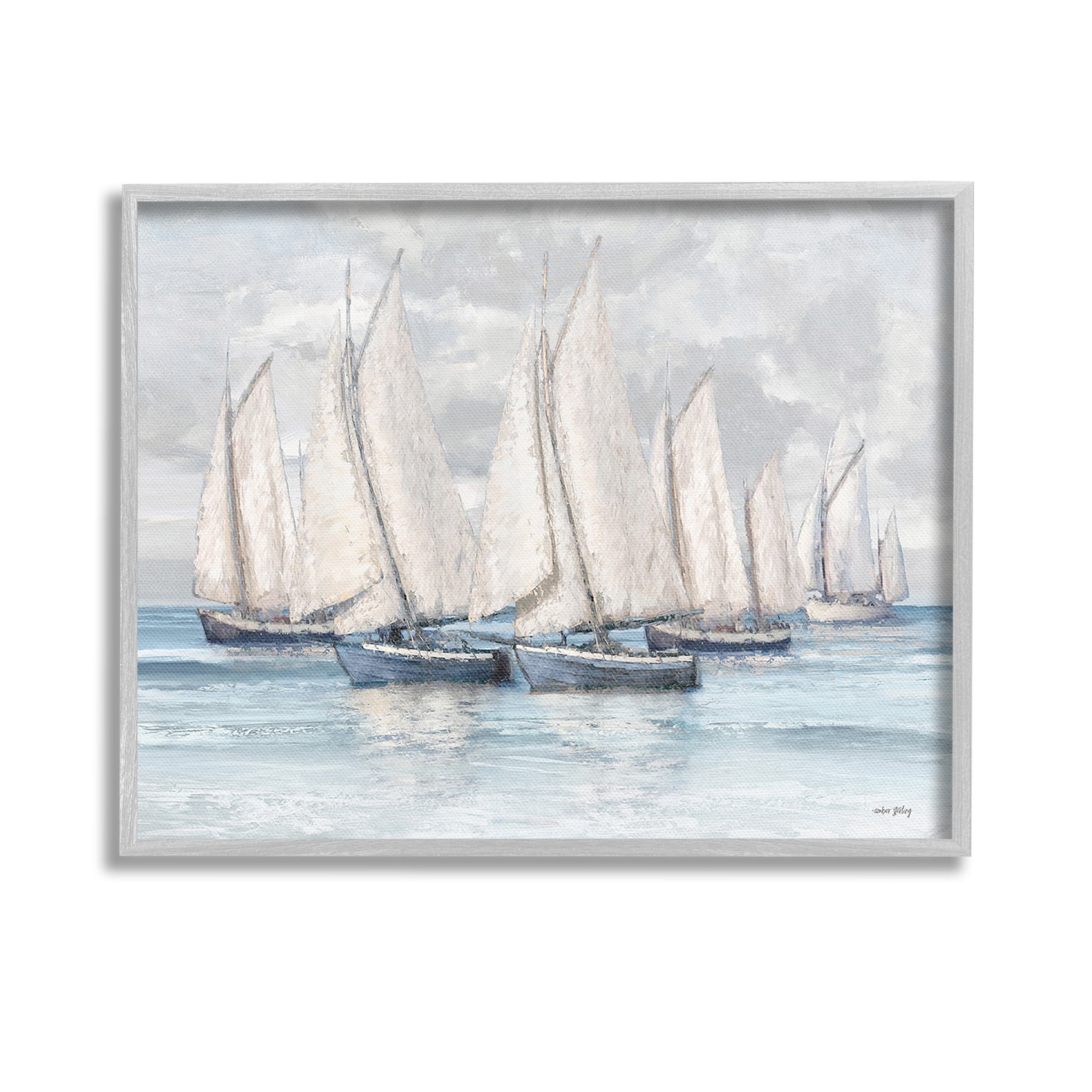 Stupell Industries Cloudy Sailboat Fleet Transportation Painting Gray Framed Art Print Wall Art, 14 x 11