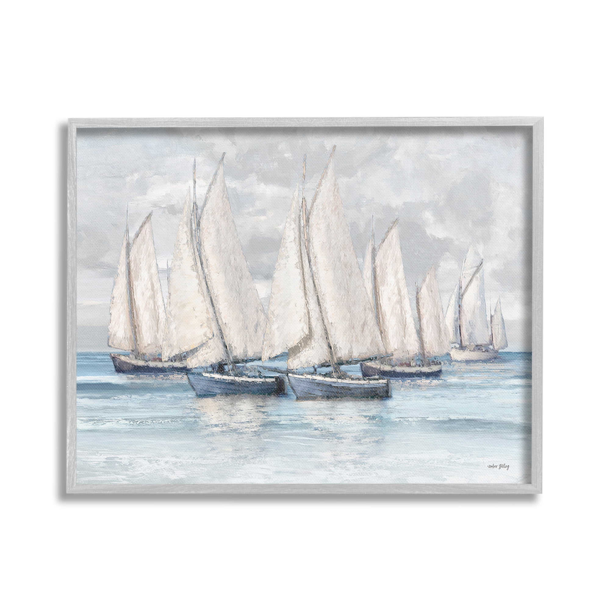 Stupell Industries Cloudy Sailboat Fleet Transportation Painting Gray Framed Art Print Wall Art, 30 x 24